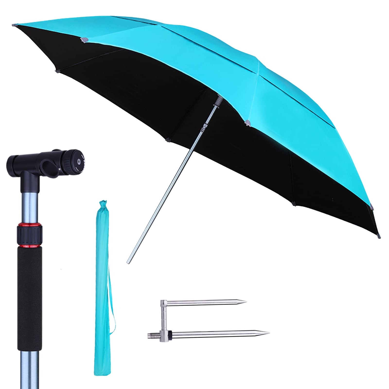 JTLXX77 240cm Fishing Umbrella - Portable Sun Shade with Tilt Function, Reinforced Sturdy Ribs, Double Curved Design for Patio & Outdoor Use (Blue/Cyan) - Includes Parasol Cover & Ground Plug - Perfect for Beach, Camping, Fishing and Backyard Relaxation