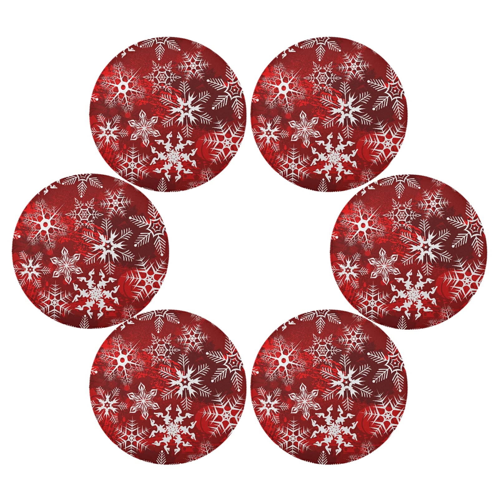 Christmas Placemats Set of 6 - Red Round Snowflake Floral Table Mats for Kitchen Dining | Washable & Durable Holiday Decor | Perfect for Christmas Dinner, Party Decorations & Festive Home Decor