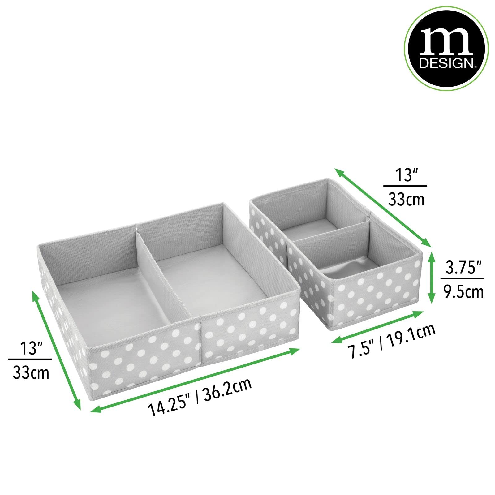 mDesign Fabric Drawer Storage Divider Organizer Bins - 2 Pack Gray/White Polka Dot for Nursery, Kids Bedroom, Dresser & Closet Organization | Perfect for Storing Clothes, Toys, Diapers & Playroom Essentials