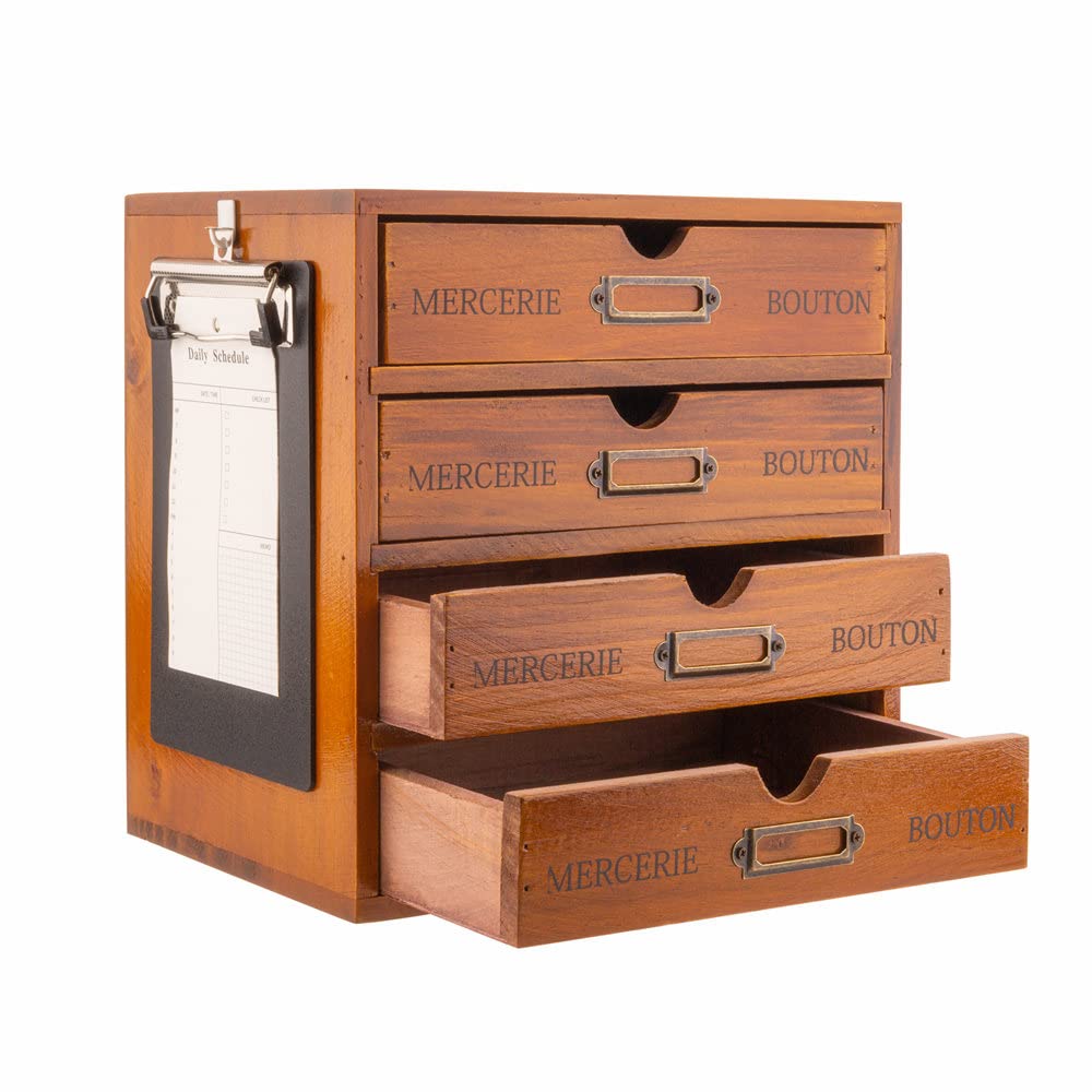 Rustic Wooden Storage Box with 4-Tier Drawers & Labels - Desktop Organizer, Office Desk Accessories Shelf, A6 Clipboard Holder, Small Craft Storage, Apothecary Cabinet & Jewelry Chest for Women | Perfect for Home Office, Craft Room & Bedroom Organization