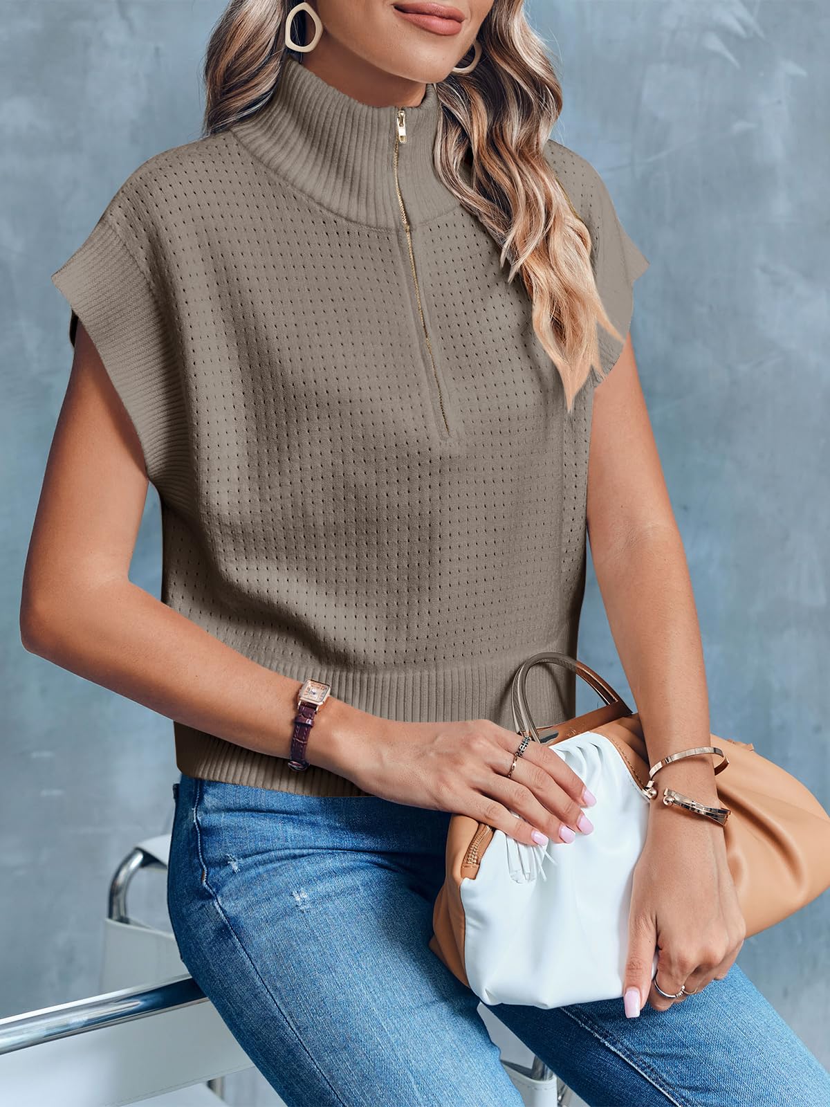 Langwyqu Women's Cropped Knit Top - Half Zip Lightweight Oversized Sweater Vest for Women | Casual Summer Tops for Streetwear, Layering & Everyday Outfits