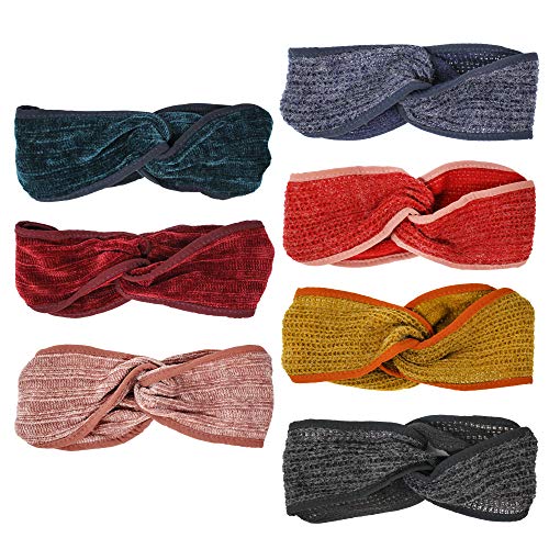Warm Winter Knit Headbands for Women - 7 Pack Assorted Colors, Soft Stretchy Twisted Knot Turban Headwraps for Yoga, Workout, Running & Outdoor Activities