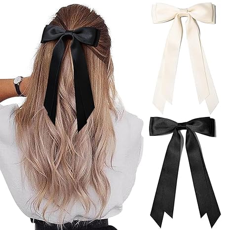 FAMEZA 2 Pack Satin Hair Bows for Women - Long Tail Ribbon Hair Clips, Elegant Red & Black Hair Accessories for Women & Girls | Perfect for Weddings, Parties & Daily Styling | BLACK & WHITE COLOR