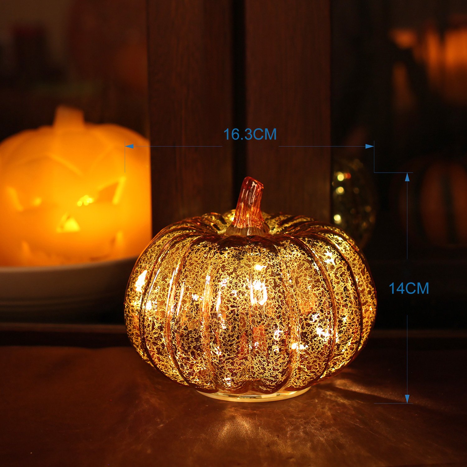 Romingo Gold Mercury Glass Pumpkin Light with Timer - 5.5 Inch Halloween, Fall, Thanksgiving & Christmas Decor - Perfect for Table Centerpieces, Porch Displays, and Seasonal Home Decoration