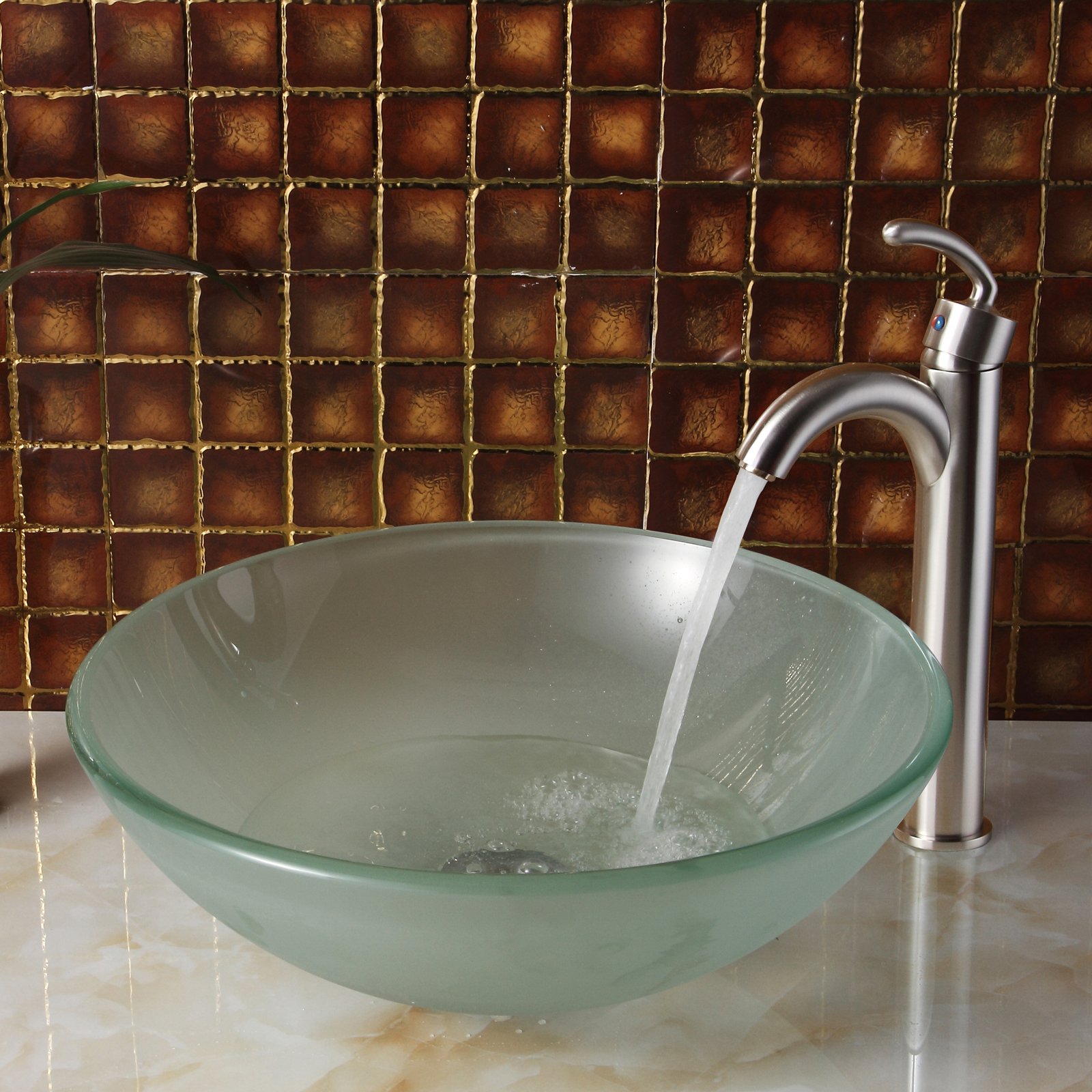 Frosted Glass Round Vessel Sink with Brushed Nickel Faucet Combo - Modern Bathroom Vanity Sink for Powder Room & Guest Bathroom Decor