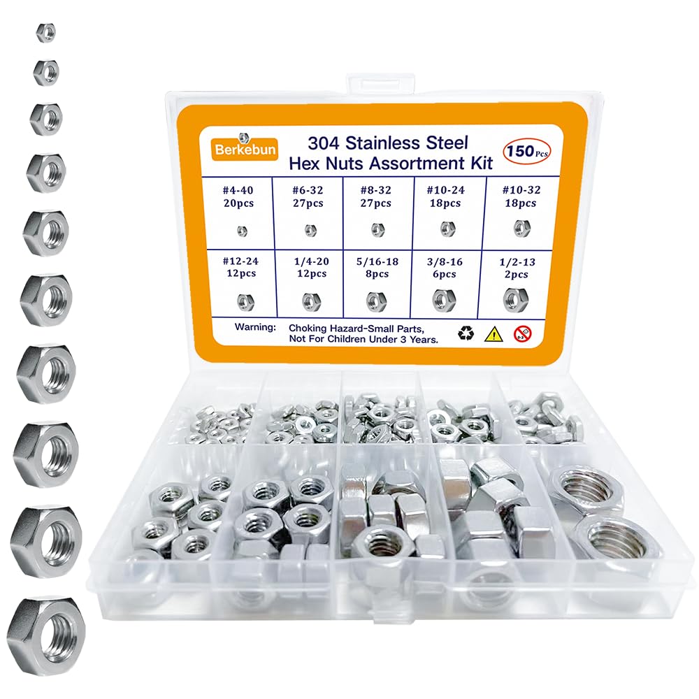 150-Piece Stainless Steel Hex Nut Assortment Kit - #4-40, #6-32, #8-32, #10-24, #10-32, #12-24, 1/4