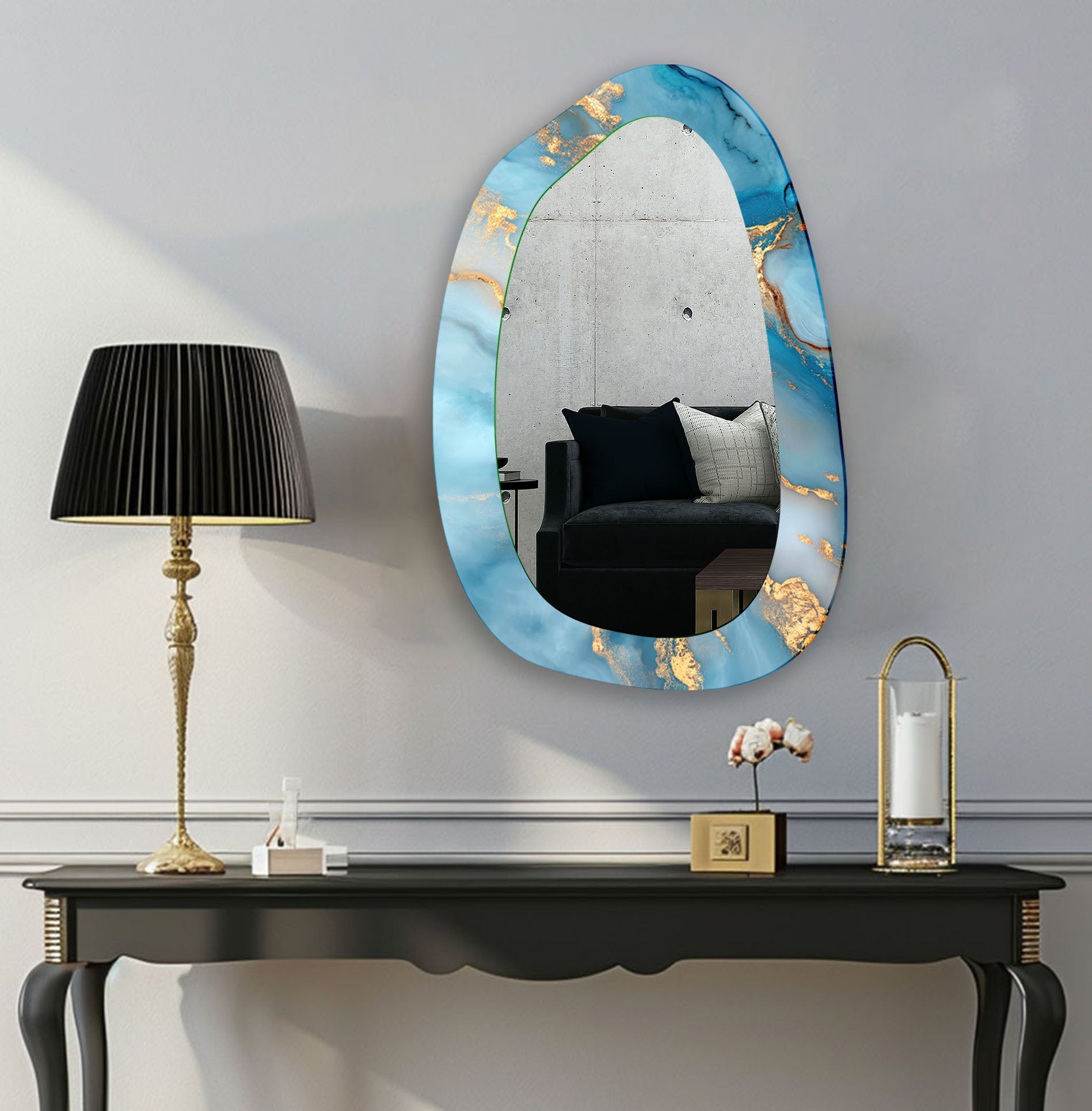 Blue Alcohol Ink Large Aesthetic Wall Mirror - Modern Boho Decor for Living Room, Bedroom & Bathroom | Handmade Unique Statement Piece for Home Decor