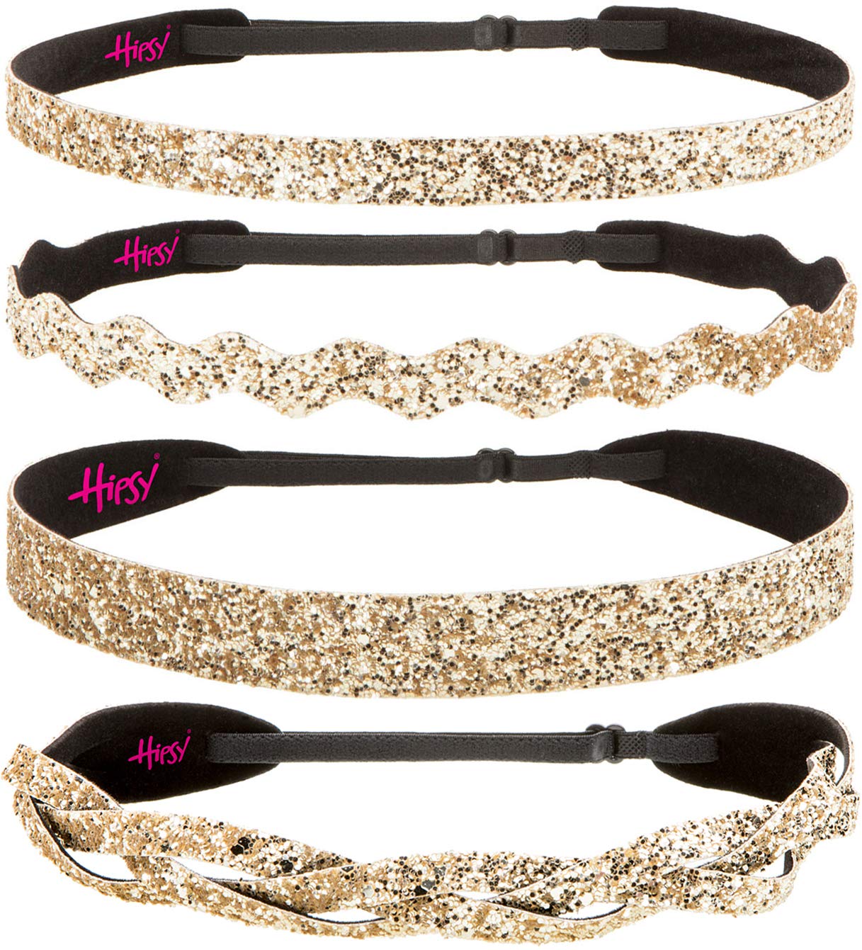 Sparkly Bling Adjustable No-Slip Headbands for Women, Girls & Teens - 4 Pack Mixed Gold Glitter Hair Accessories - Perfect for Parties, School, Sports & Everyday Wear