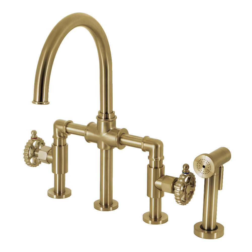 Industrial Style Bridge Kitchen Faucet with Brass Sprayer - Heavy Duty Commercial Grade Pull Down Sprayer for Restaurant & Home Kitchen - Perfect for Modern Farmhouse, Industrial Loft & Commercial Kitchens