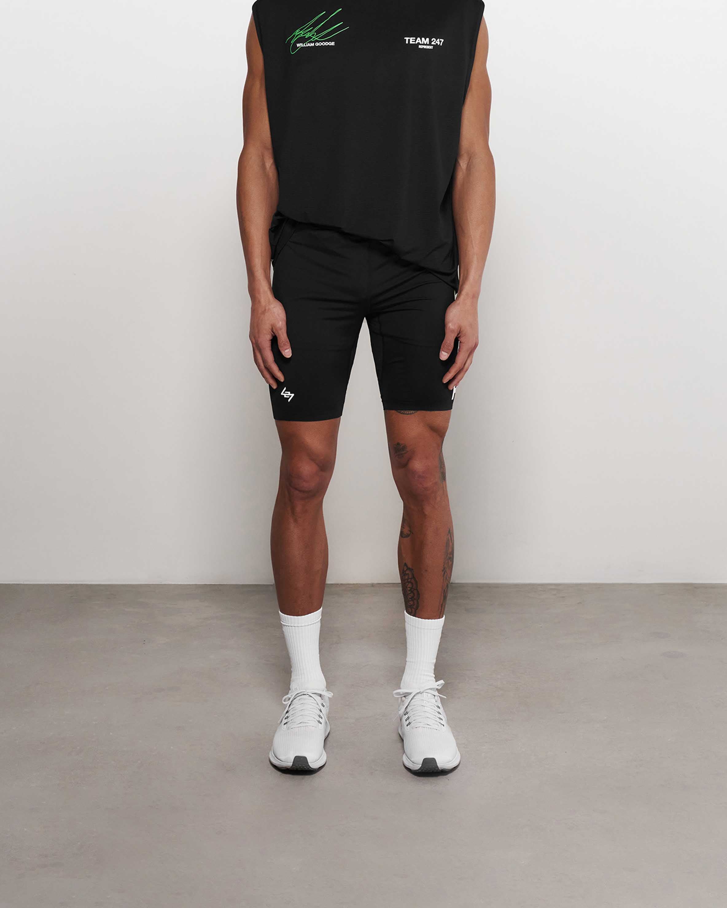 Team 247 Performance Half Tight Running Shorts for Men - Black | Compression Workout Shorts for Gym, Jogging & Athletic Training