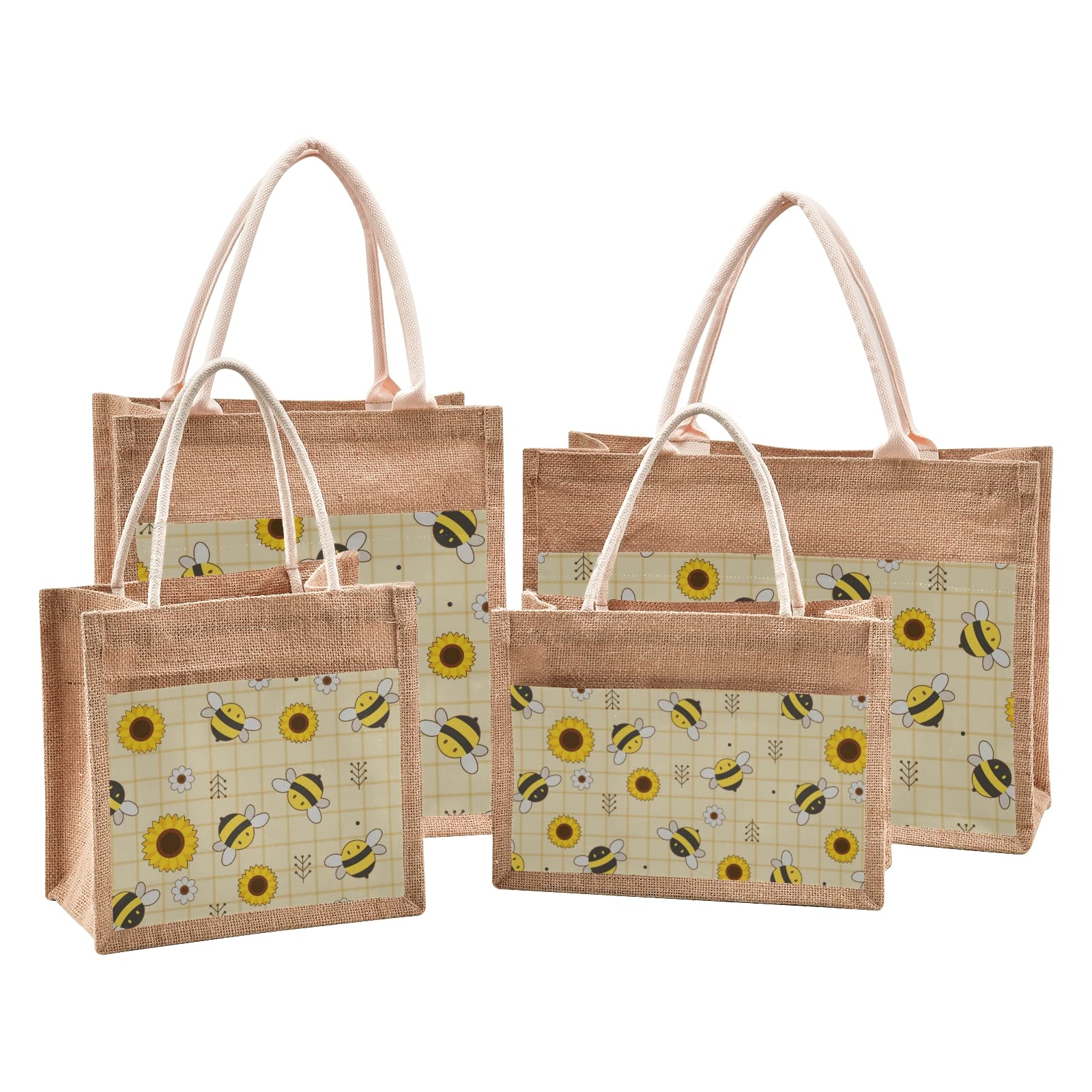 Stylish Cute Bee Sunflower Jute Tote Bag with Zipper & Handles - 12x9 Inch Reusable Canvas Shopping Grocery Bag for Women - Perfect for Travel, Picnic, Beach & Farmers Market