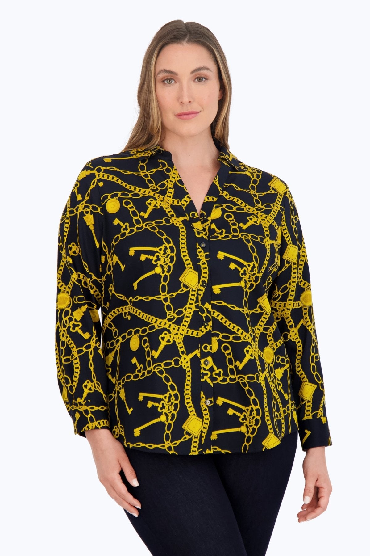 Mary Plus Chain Status Long Sleeve Shirt for Women - Trendy Fashion Top with Elegant Chain Detail - Perfect for Office Wear, Date Night & Casual Outfits