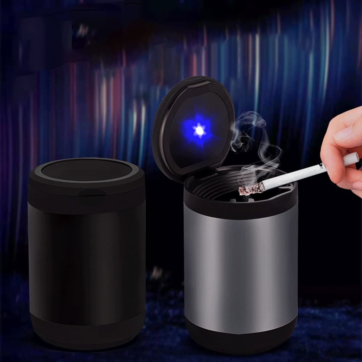 Premium Car Ashtray with Detachable Lighter Set - Blue LED Light Indicator & Lid for Smoke-Free Vehicles | Ideal for Car, Home, Office & Travel Use (Color: Blue)