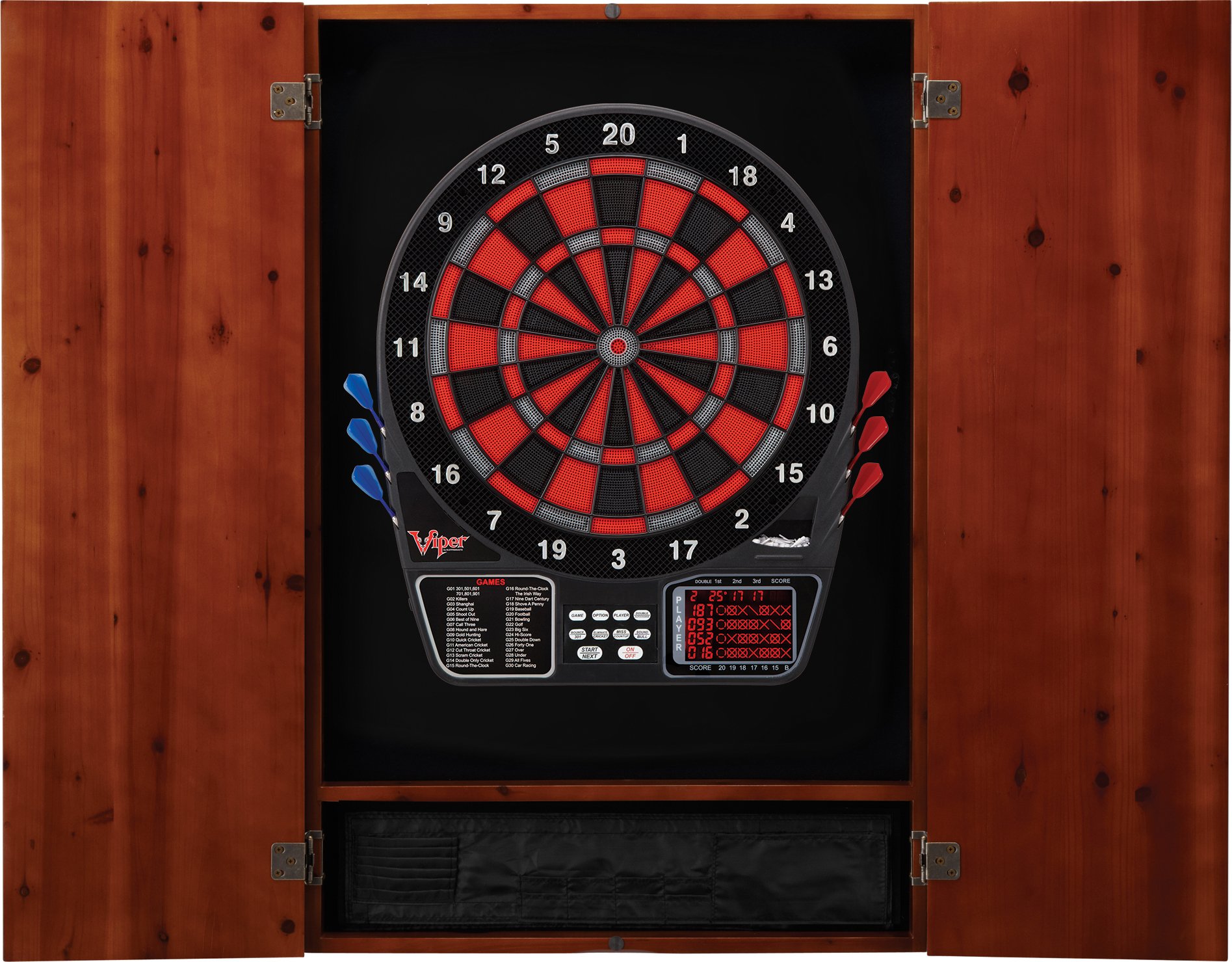 Premium Solid Wood Dartboard Cabinet with Electronic Dartboard - Ready-to-Play Bundle Includes 2 Soft-Tip Darts & Built-In Storage (Multiple Stain Options) - Perfect for Game Rooms, Bars, and Home Entertainment