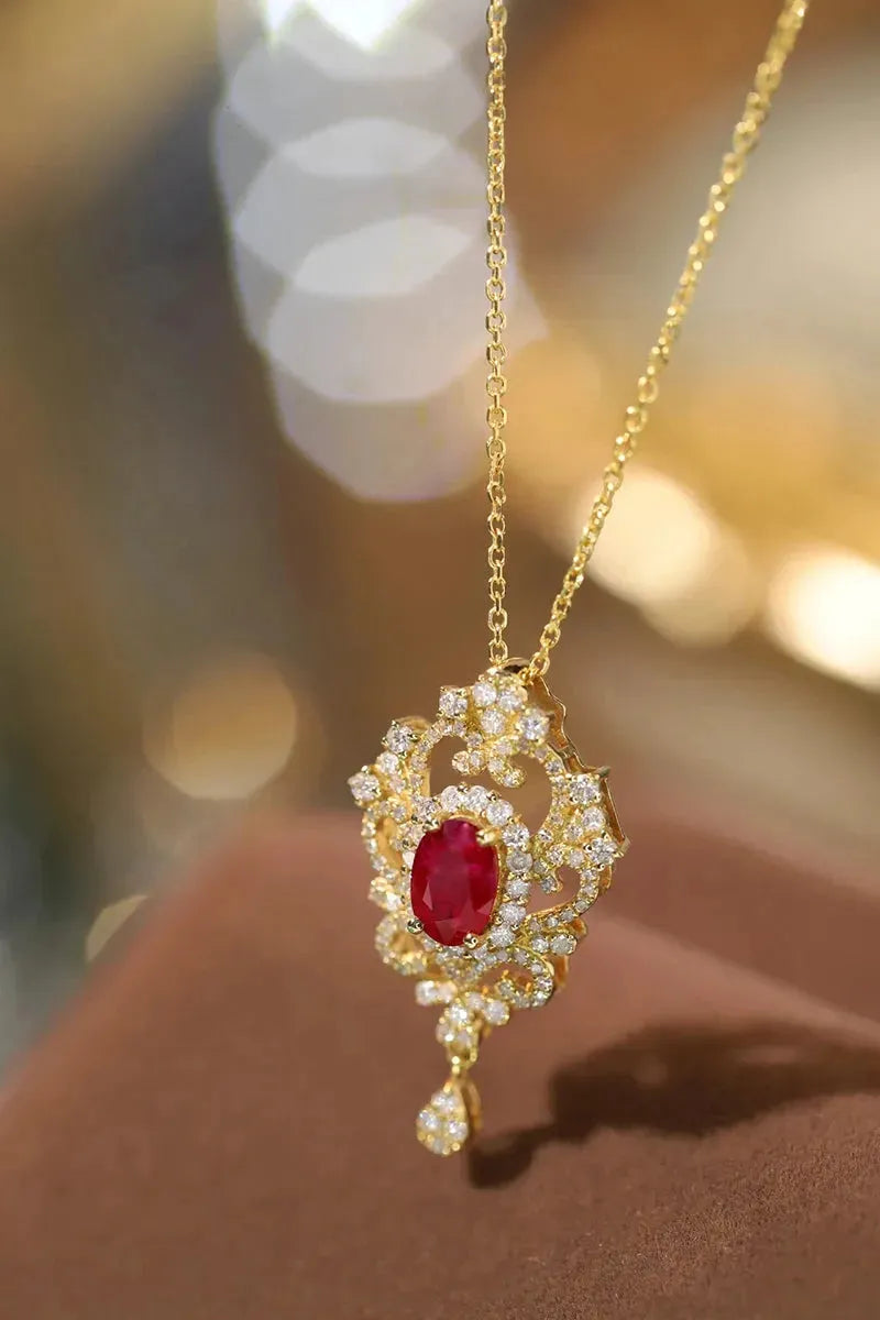 18K Yellow Gold Necklace with Real Natural Ruby & Diamond - Elegant Tassel Pendant for Women | Luxury Fine Jewelry Gift for Anniversary, Birthday & Special Occasions