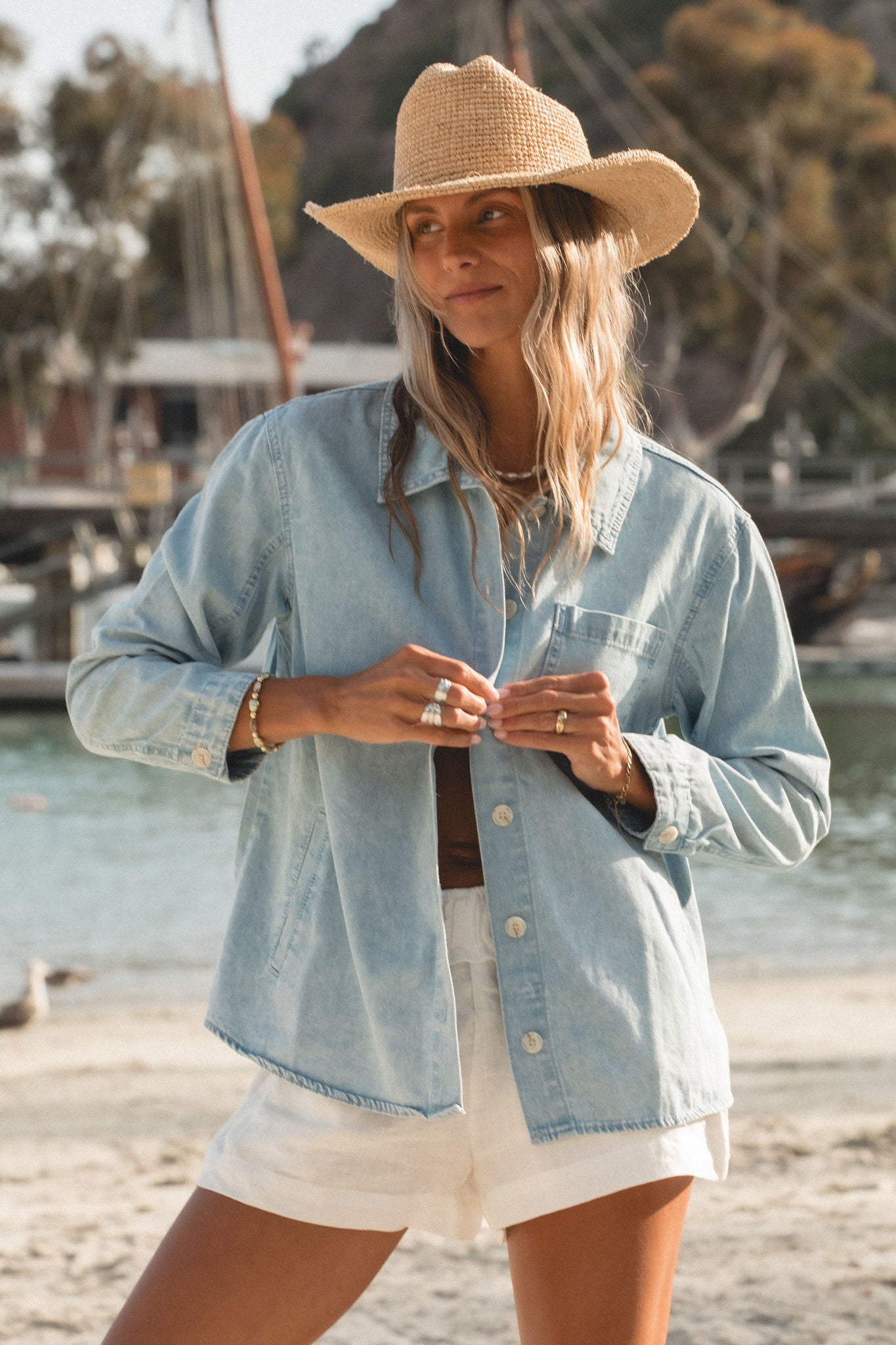Seaside Denim Button-Up Shirt for Women - Casual & Stylish Summer Beachwear | Perfect for Vacations, Outings & Everyday Wear