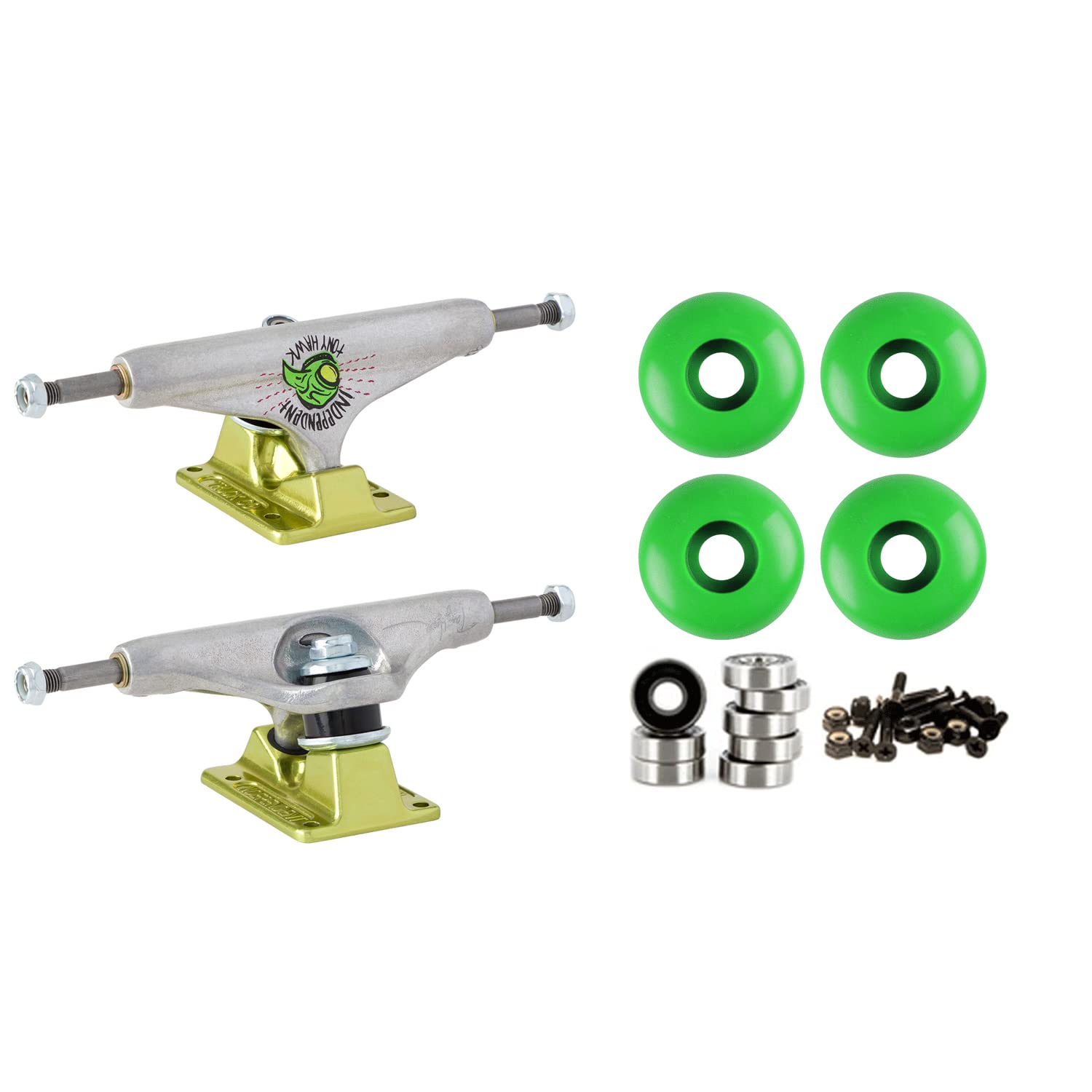 Stage 11 Forged Hollow Tony Hawk Skateboard Trucks & Wheels Kit - 58mm Green Wheels, ABEC 5 Bearings, Risers & Hardware - Independent Trucks for Street & Park Skating - Choose Your Size