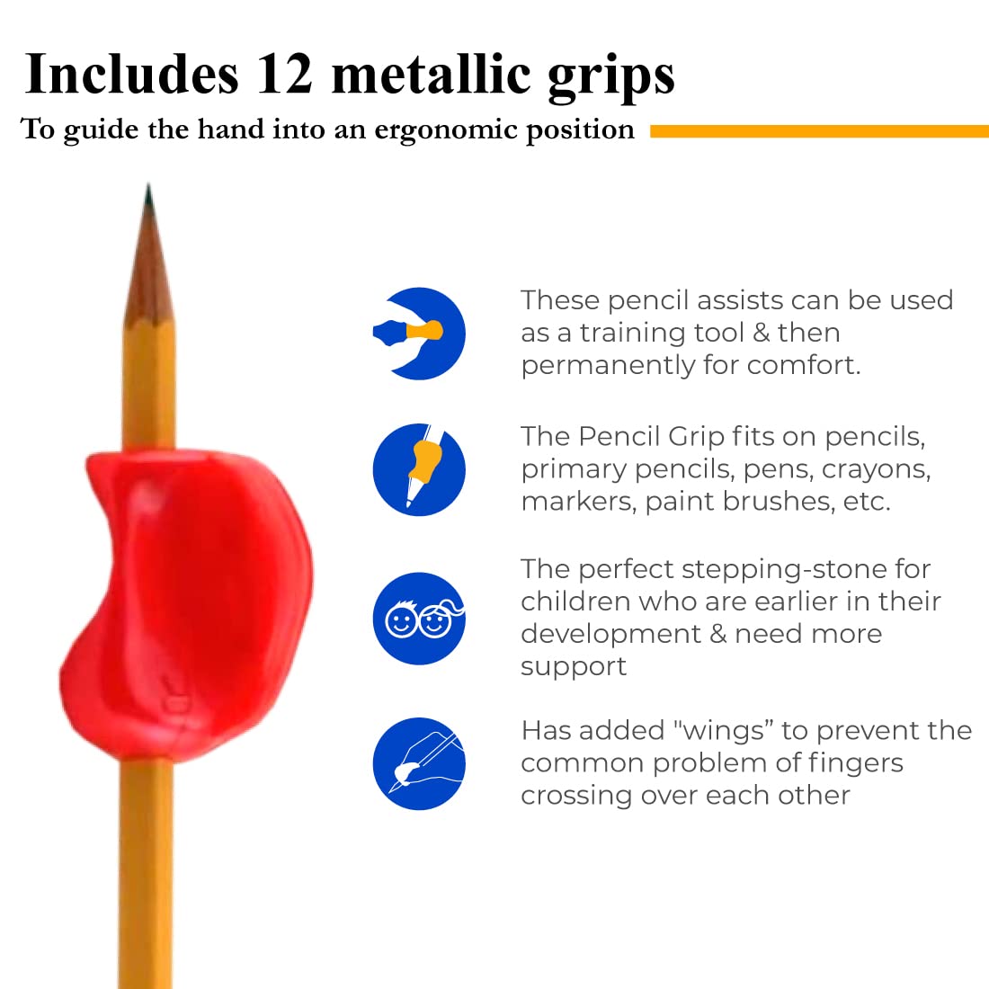 The Pencil Grip Crossover Grip - Ergonomic Writing Aid for Kids & Adults, Metallic Colors (12 Pack) - Perfect for Handwriting Practice, Occupational Therapy & Improving Penmanship