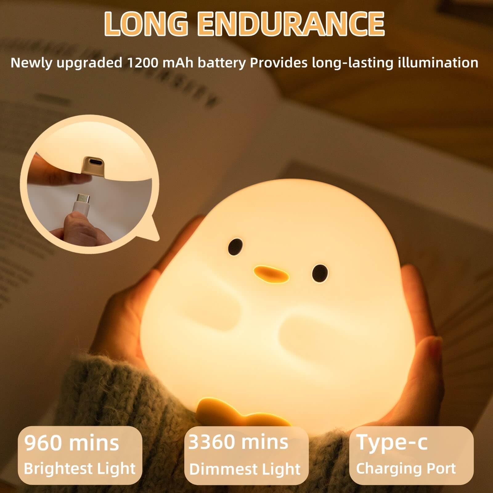 **Cute Duck Night Light for Kids - Rechargeable Silicone LED Bedside Lamp with Dimmable Touch Control & 30-Min Timer - Perfect for Nursery, Bedroom, Living Room, and Gifts**