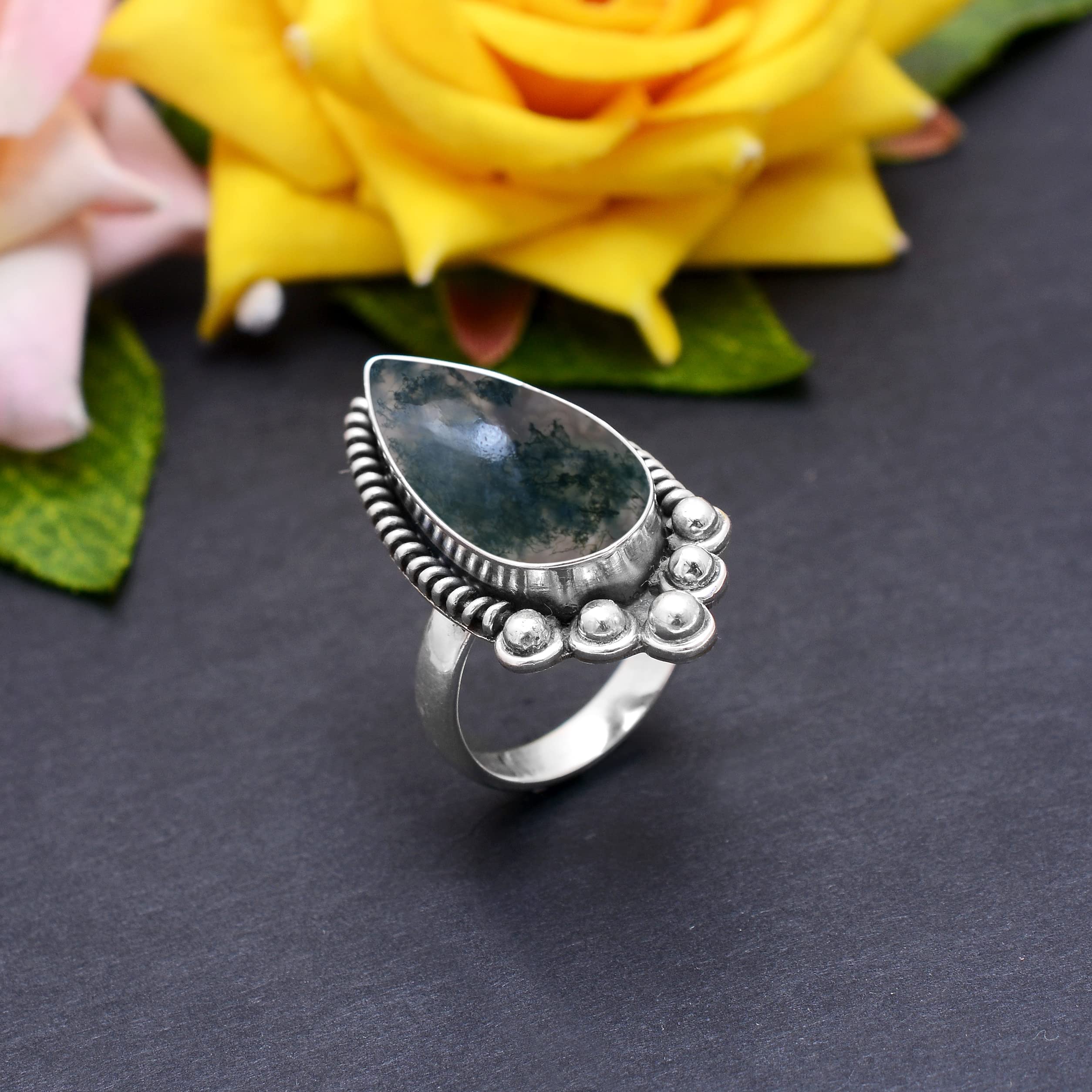 Veracity Jewelry Moss Agate Rings for Women - 925 Sterling Silver Healing Meditation Rings with Natural Green Gray Moss Agate Gemstone - Elegant Spiritual Jewelry for Yoga, Meditation & Everyday Wear - VSR-498