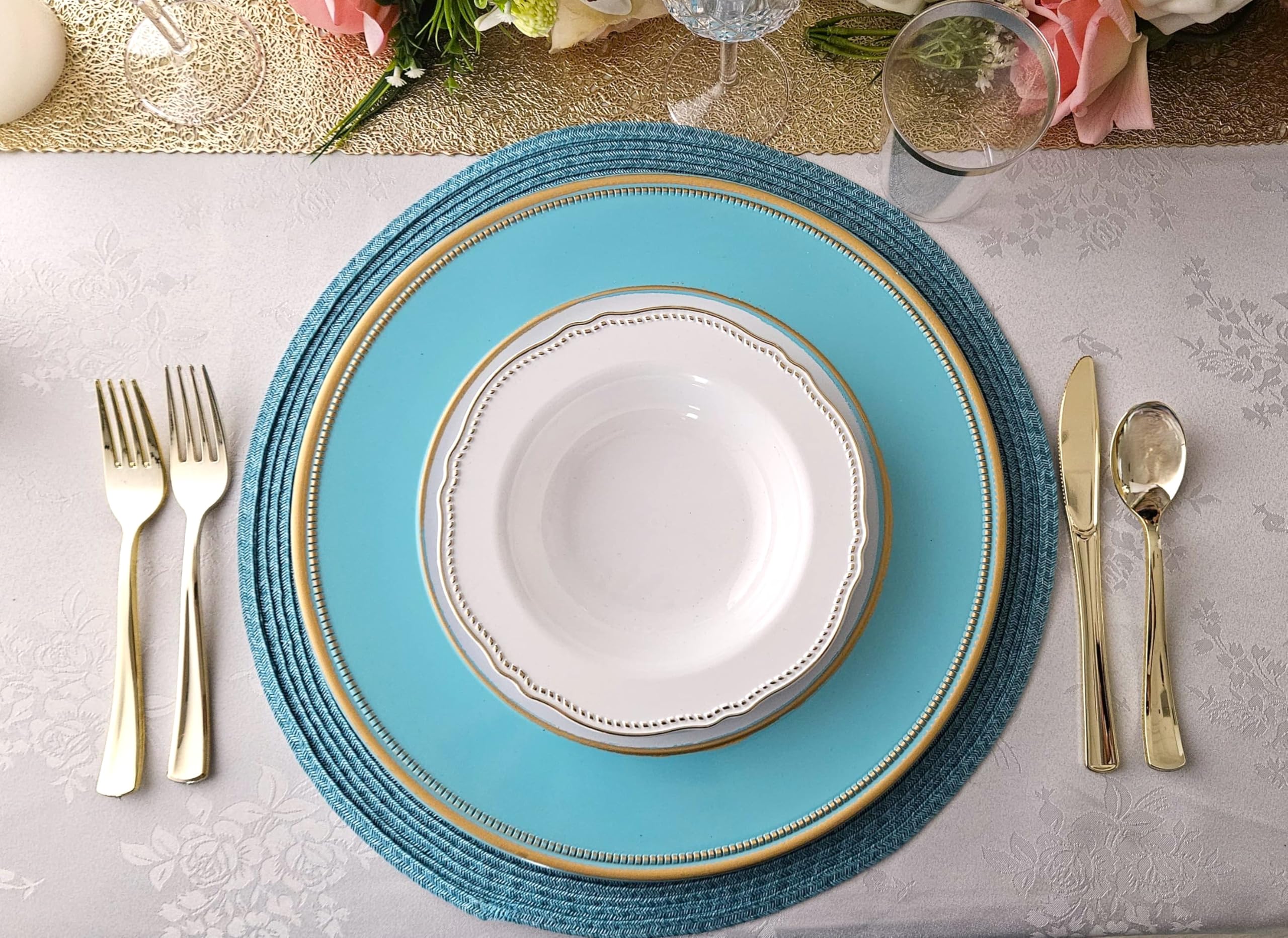 120-Piece Washable & Heat-Resistant Handcrafted Woven Polyester Table Mats Set - Round Turquoise Blue/Green Tuscany Design for Dining Table Decor, Party Centerpiece & Home Entertaining