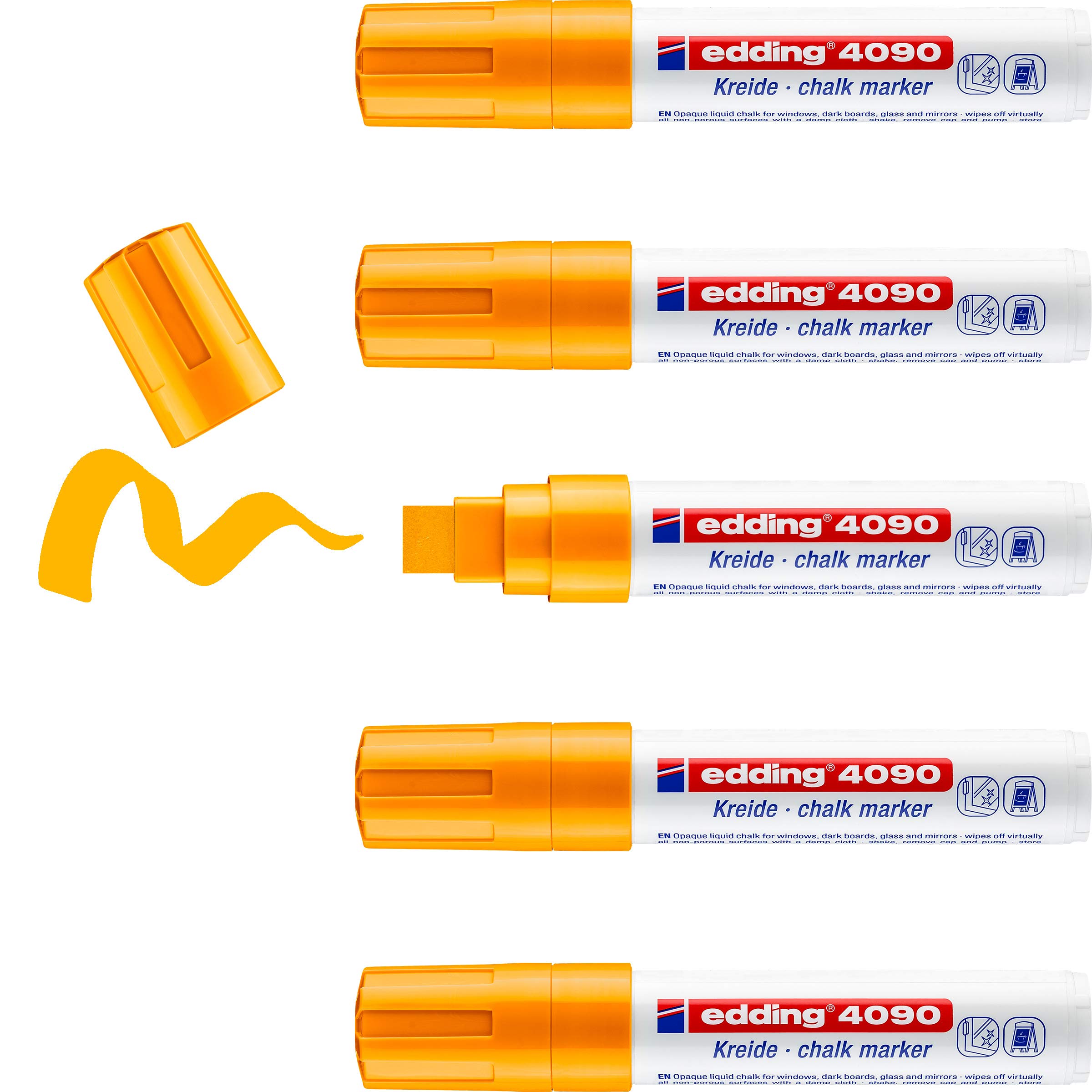 edding 4090 Neon Orange Chalk Markers - Pack of 5 Chisel Tip (4-15mm) Liquid Chalk Pens for Opaque Writing - Perfect for Chalkboards, Windows, Glass & Mirrors - Great for Restaurants, Classrooms, Retail Signs & DIY Home Decor
