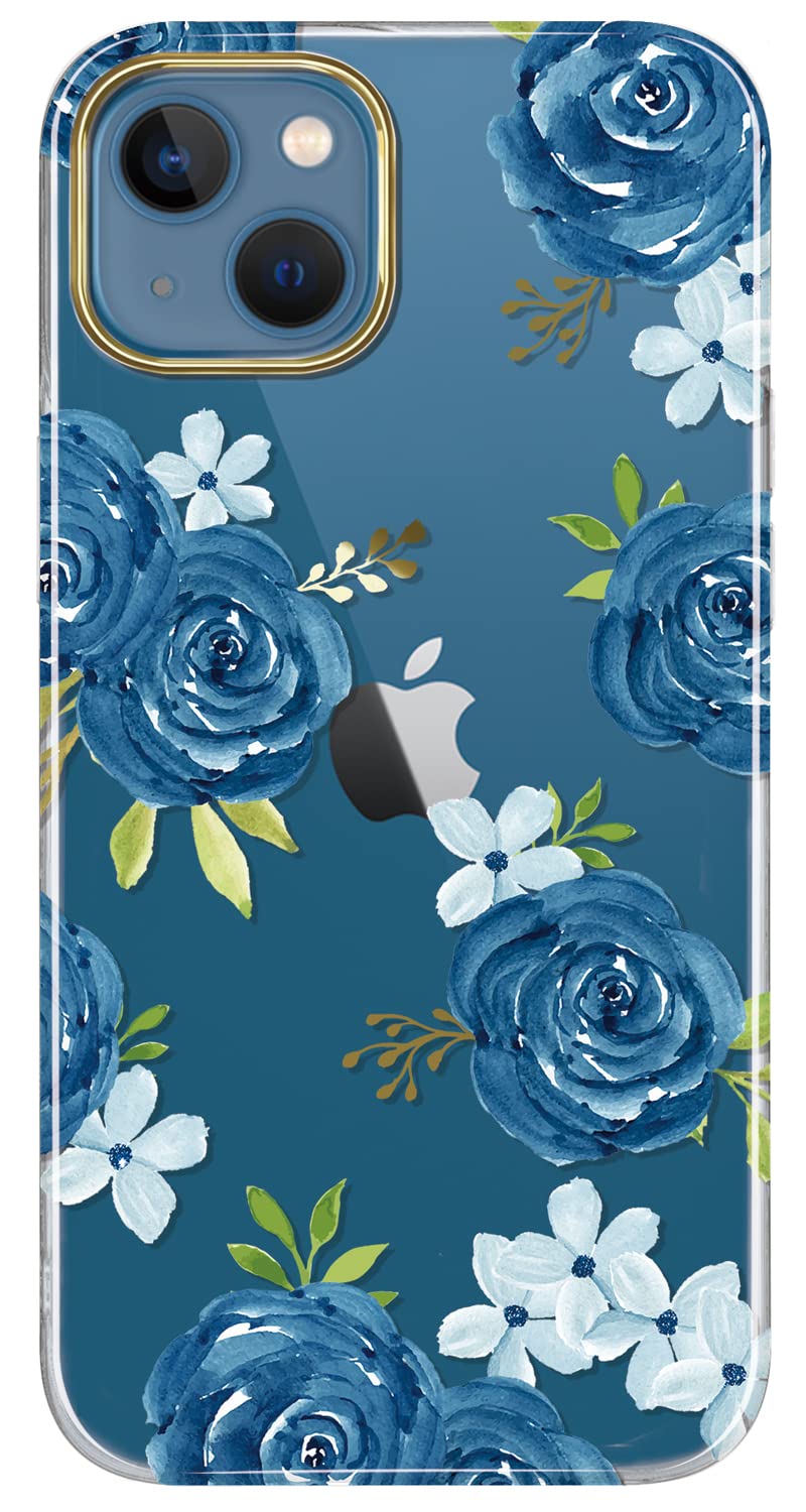 BAISRKE Clear Floral Shockproof Hard Case for iPhone 13 (6.1 inch 2021) - Blue Blossoms Design | Protective Phone Cover for Women | Perfect for Everyday Use, Work & Travel