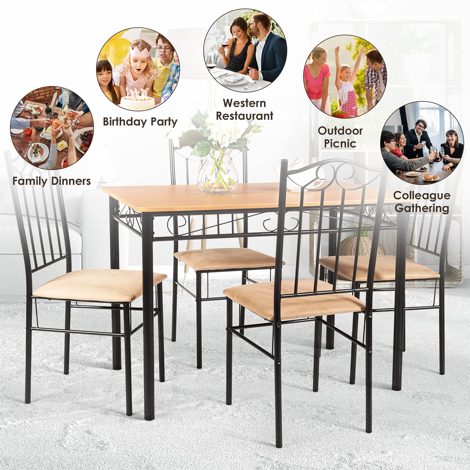 COSTWAY 5-Piece Modern Dining Table Set with Metal Frame - Kitchen Table & 4 Chairs for Home, Restaurant & Café | Perfect for Small Spaces, Family Meals & Commercial Use