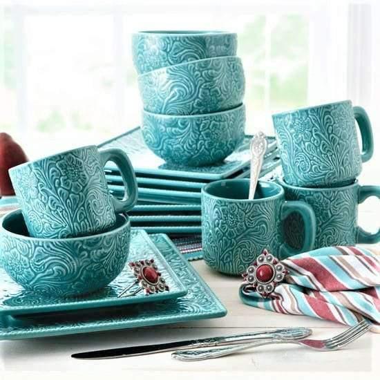 Turquoise Embossed Ceramic Dinnerware Set - 16-Piece Elegant Tableware for Formal Dining & Special Occasions | Perfect for Weddings, Dinner Parties & Home Decor