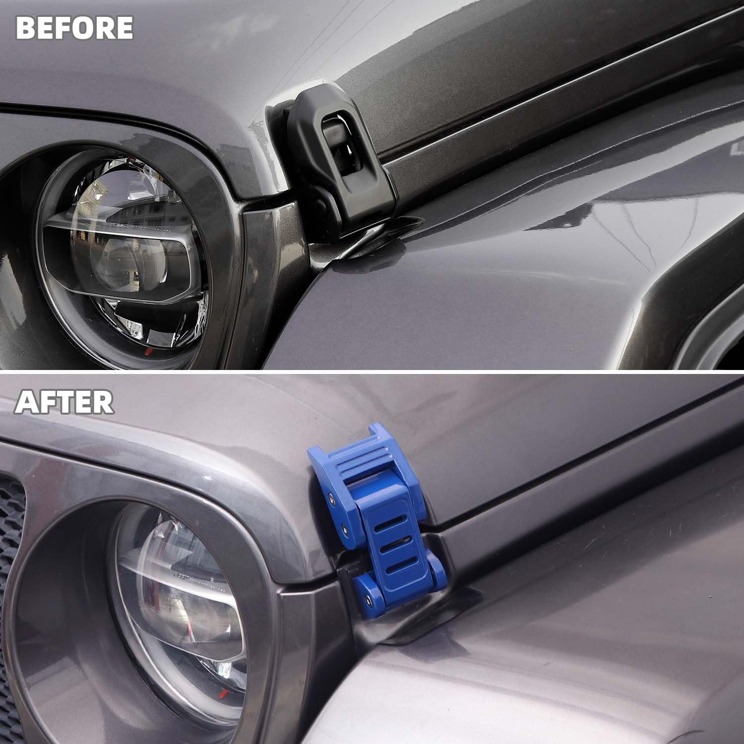 Stainless Steel Hood Latch Kit for 2007-2018 Jeep Wrangler JK/JKU & 2018-2025 JL/JLU/Gladiator JT - Durable Blue Exterior Accessories | Off-Road Protection & Enhanced Security