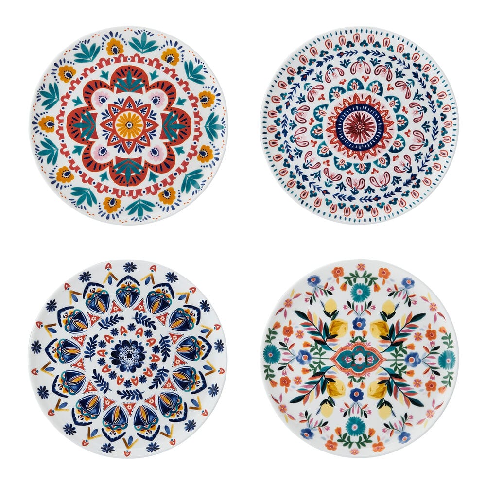 Hand-Painted Ceramic Medallion Salad Plates - Set of 4, 8.5 Inch Decorative Dinner Plates for Appetizers, Desserts & Party Serving - Elegant Tableware for Weddings, Holidays & Special Occasions
