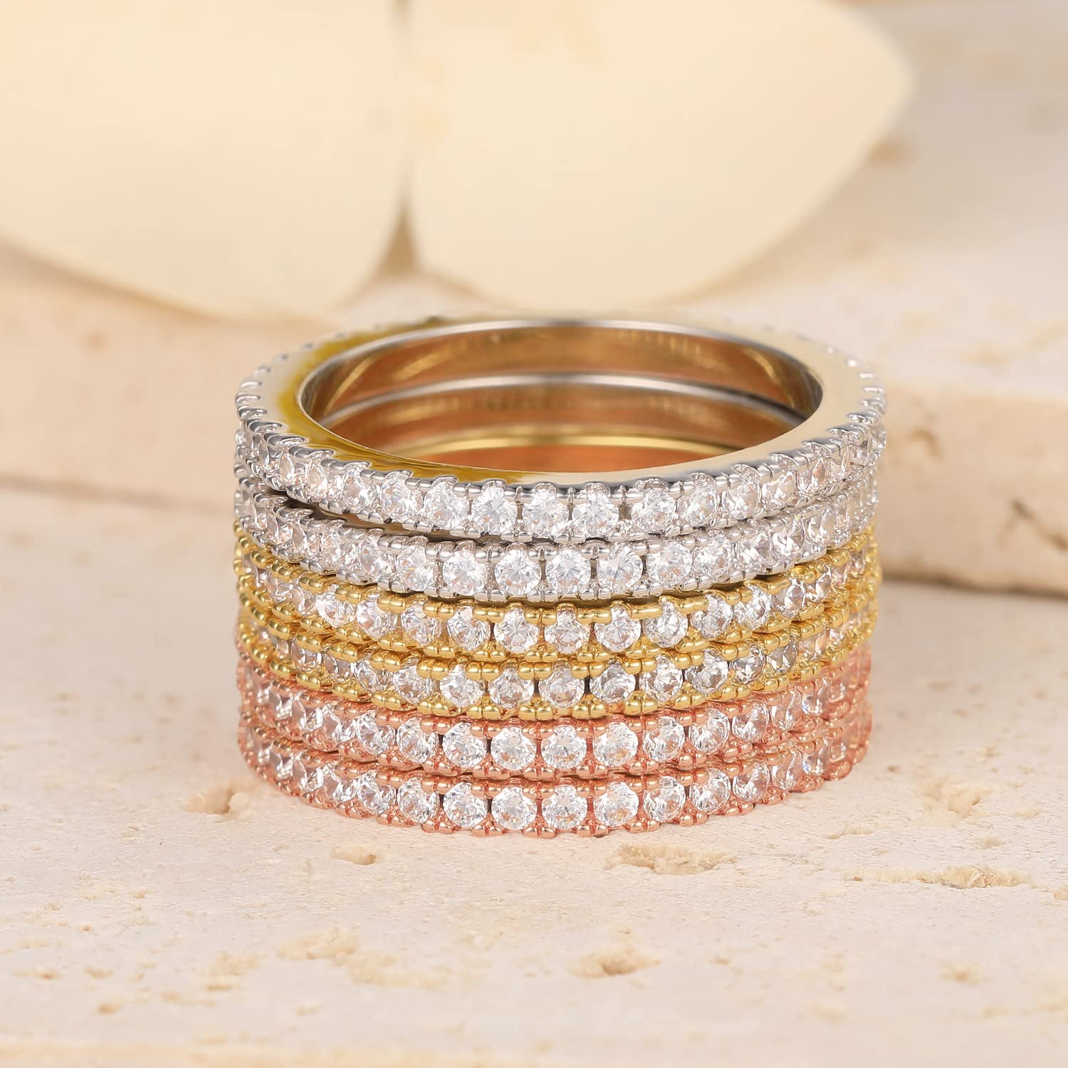 VOLUKA Eternity Stacking Rings for Women & Men - 18K Rose Gold Plated Cubic Zirconia Thin Band Rings - Perfect for Layering, Anniversary Gifts & Everyday Elegance