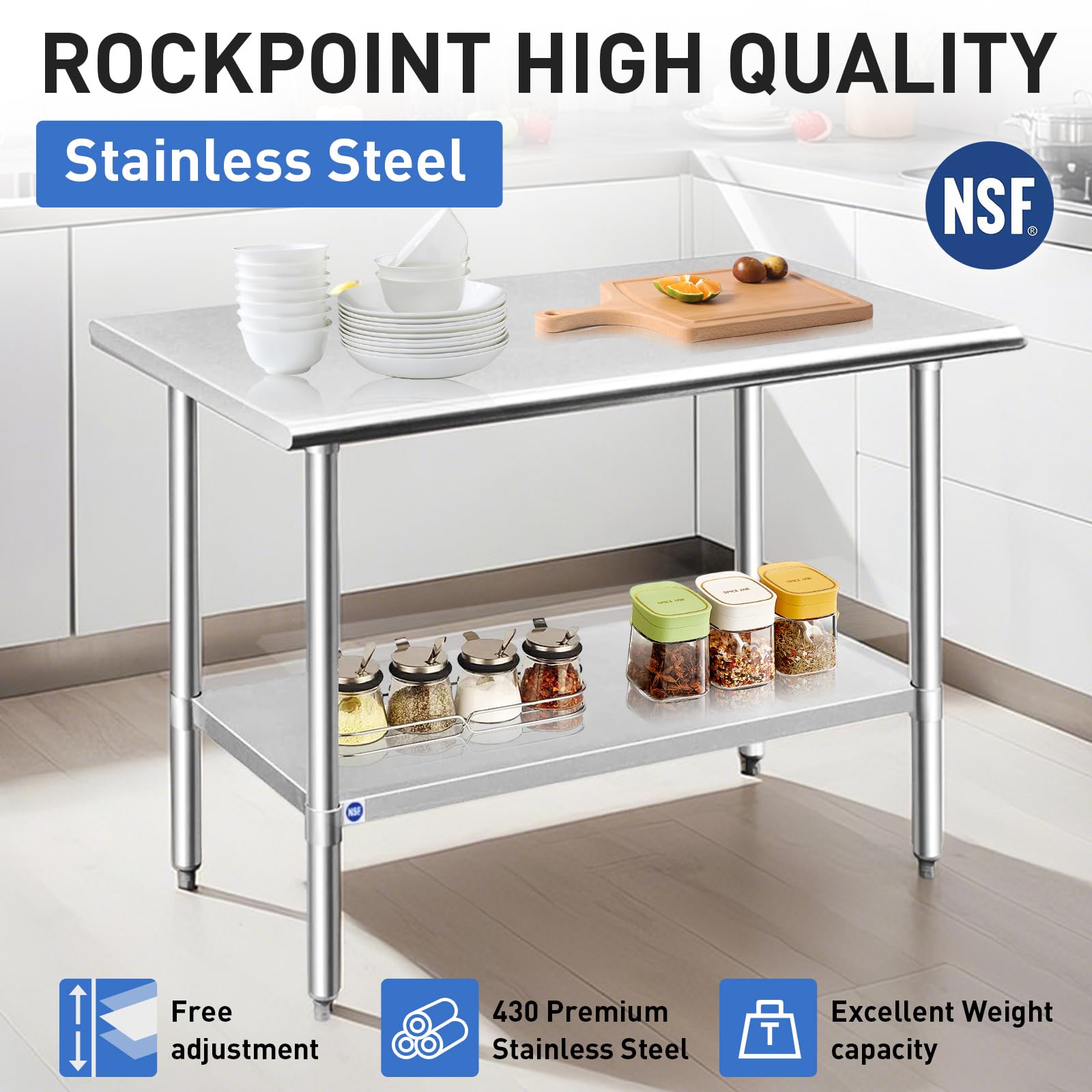 ROCKPOINT 18x24 Inch NSF Certified Stainless Steel Commercial Kitchen Prep Table - Heavy Duty Metal Work Surface with Adjustable Under Shelf & Leveling Feet - Perfect for Restaurants, Hotels, Home Kitchens & Food Prep Areas