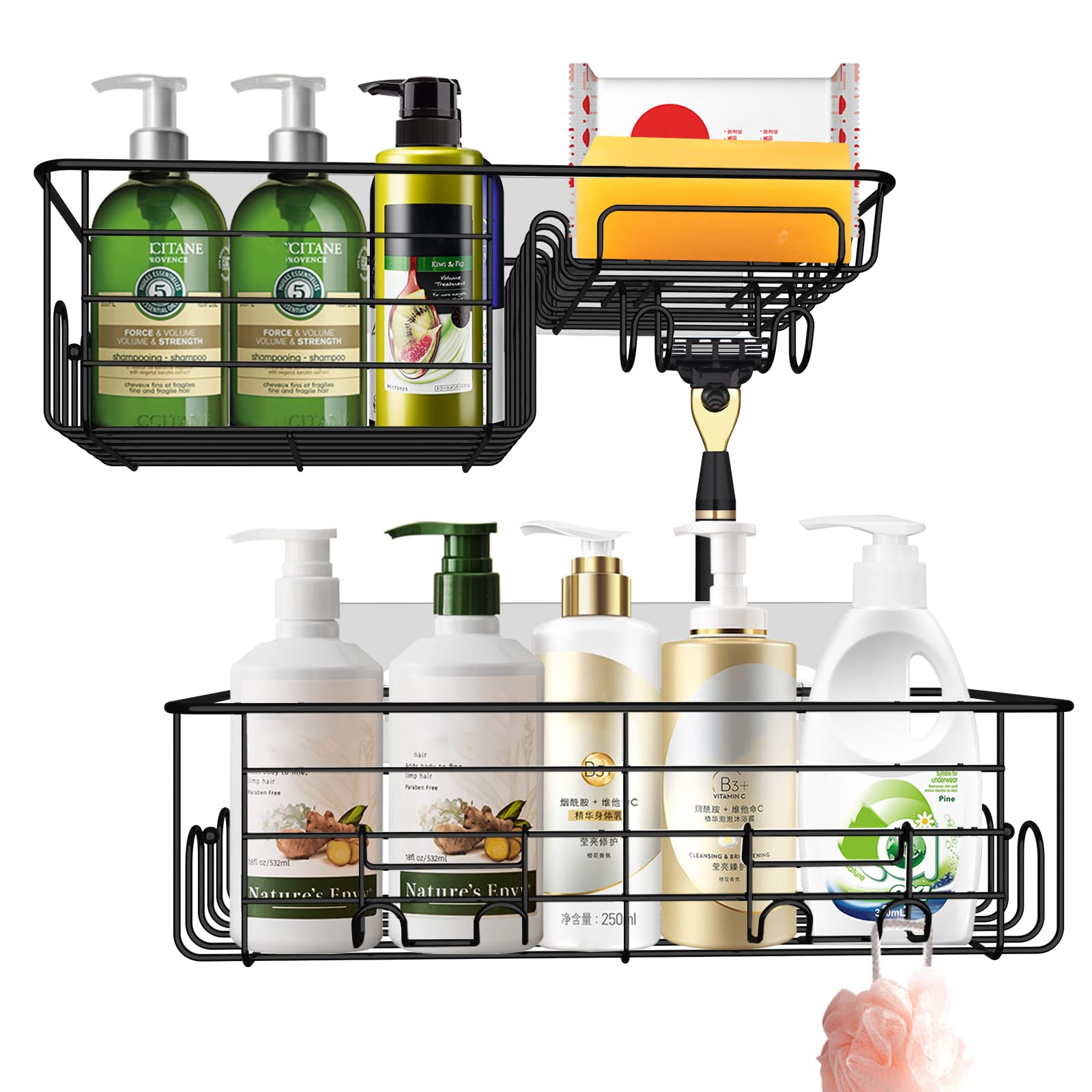 Stainless Steel Shower Caddy Bathroom Shelf - 2 Pack Black No Drill Adhesive Shower Organizer with Soap Dish & Hooks | SUS304 Rustproof Bath & Kitchen Storage | Perfect for Small Spaces, Apartments & Dorm Rooms