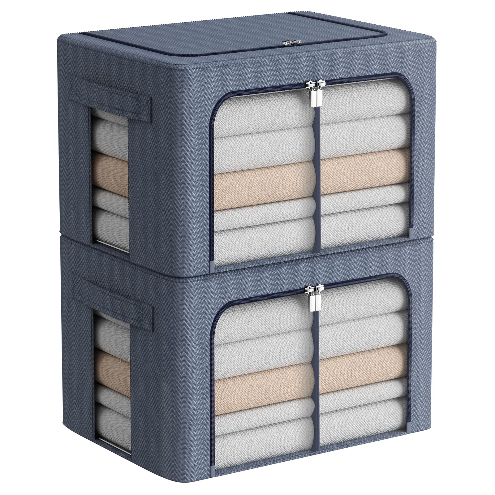 Foldable Clothes Storage Bins 2 Pack - Stackable Metal Frame Organizer with Clear Windows & Handles for Blankets, Toys & Home Organization (36L, Blue) | Perfect for Closet, Nursery, Dorm & Laundry Room Storage