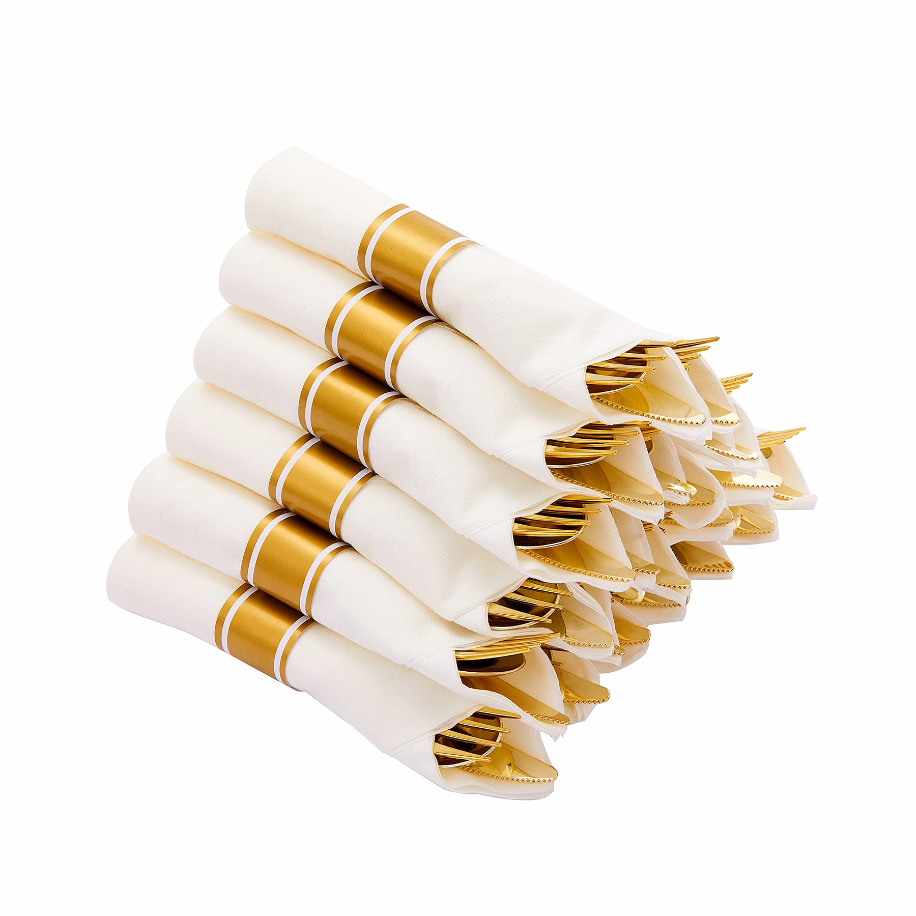 30-Piece Gold Plastic Cutlery Set - 30 Forks, 30 Knives, 30 Spoons & 30 Napkins | Disposable Silverware for Parties, Weddings, Picnics & Catering Events | Elegant N9R Pre-Rolled Cutlery Pack