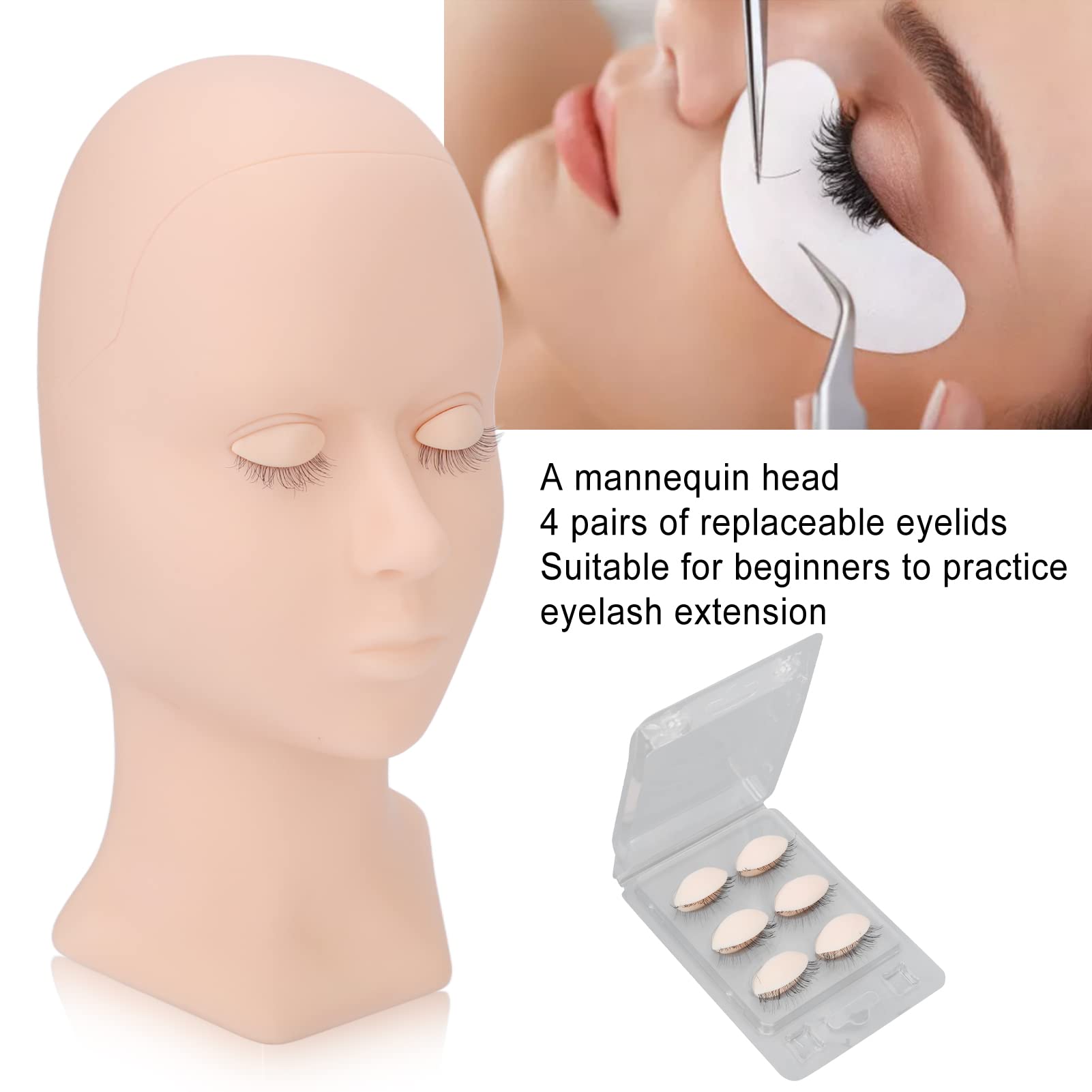 Professional Silicone Lash Mannequin Head with 3 Pairs Removable Eyelids - Double Eyelid Pink Makeup & Eyelash Extension Practice Head for Cosmetology Training - Perfect for Salon Students & Beauty Professionals