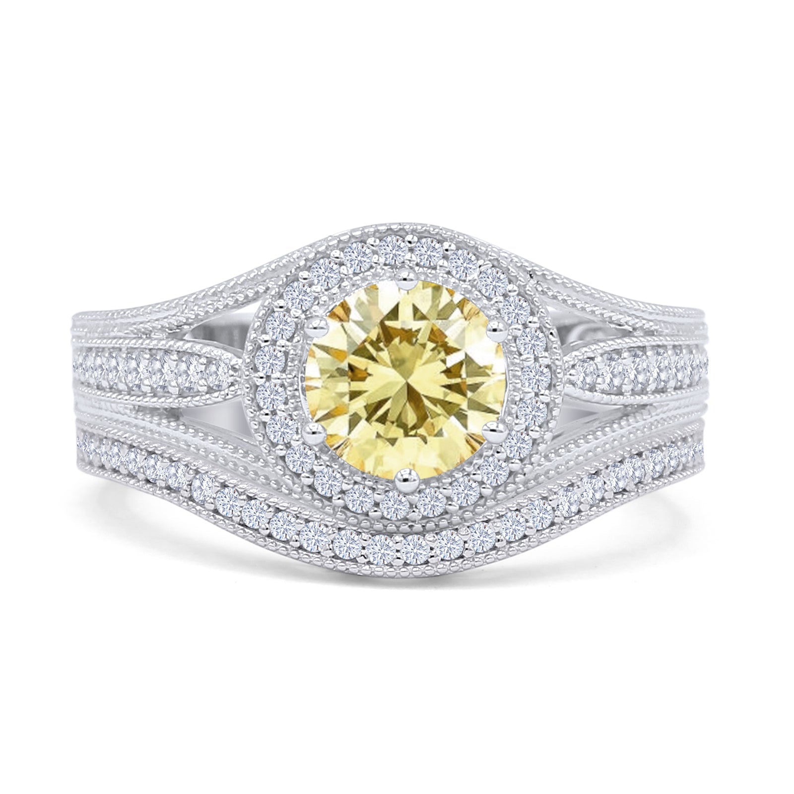 14K White Gold Two-Tone Round Halo Split Shank Curved Contour Band CZ Engagement Ring - Perfect for Wedding, Proposal & Anniversary Gifts
