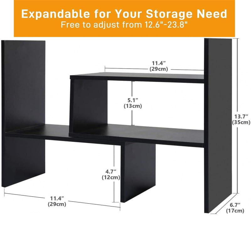 Adjustable Desktop Shelf Organizer - Expandable Bookshelf Display Rack for Office Storage | Versatile Desk Organizer with Free Style Design | Perfect for Home Office, Study Room & Workspace Organization (Black)