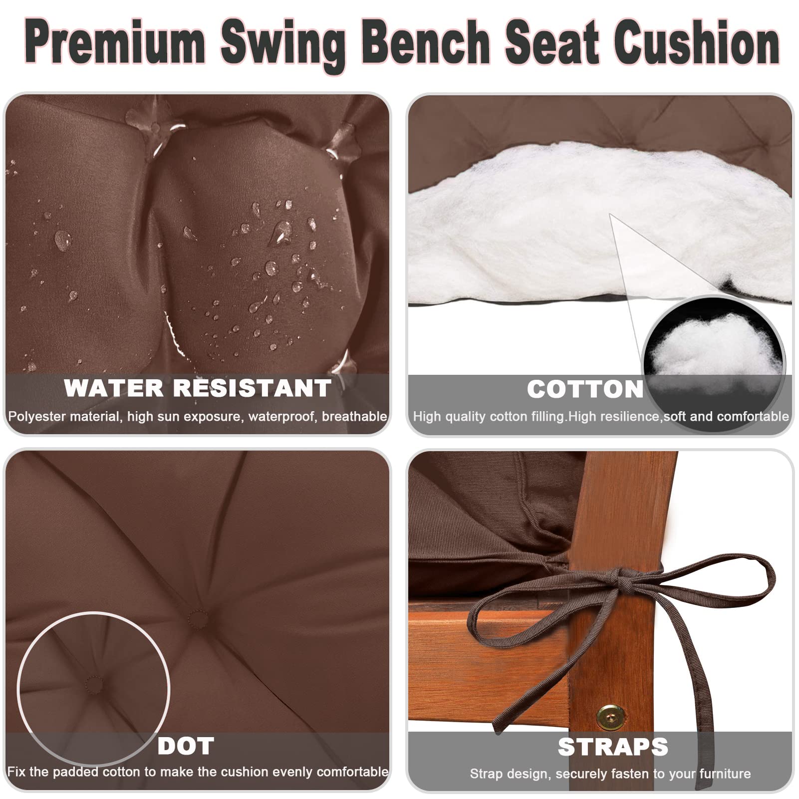 **60 Inch Waterproof Outdoor Bench Cushion with Backrest – Thickened Patio Swing Cushion for 3-Seater Porch Furniture (Brown, 40x60 Inch) – Perfect for Garden, Deck, and Backyard Relaxation**