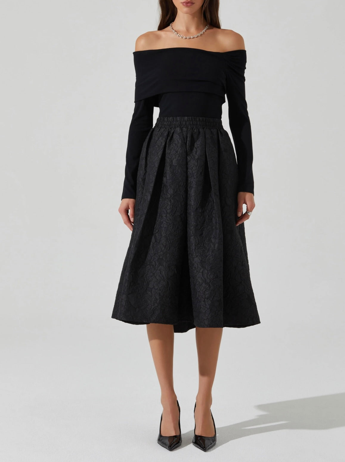 Andolina Jacquard Midi Skirt for Women - Floral Print A-Line Skirt with Elastic Waist | Perfect for Spring, Summer, Office Wear & Casual Outfits