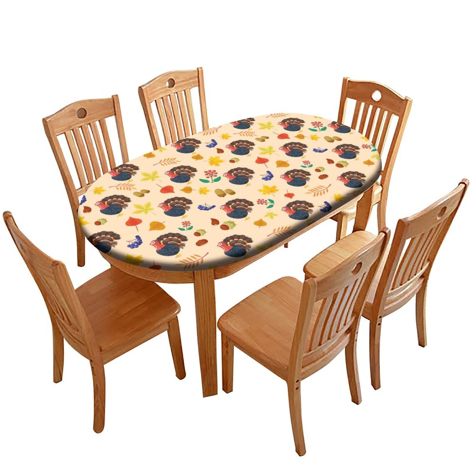 SongYi Elastic Edge Oval Tablecloth - 48''x72'' Thanksgiving Polyester Fitted Table Cover for Indoor, Outdoor, Patio & Picnic - Waterproof Dining Table Decor for Holiday Gatherings, Family Dinners & Special Events