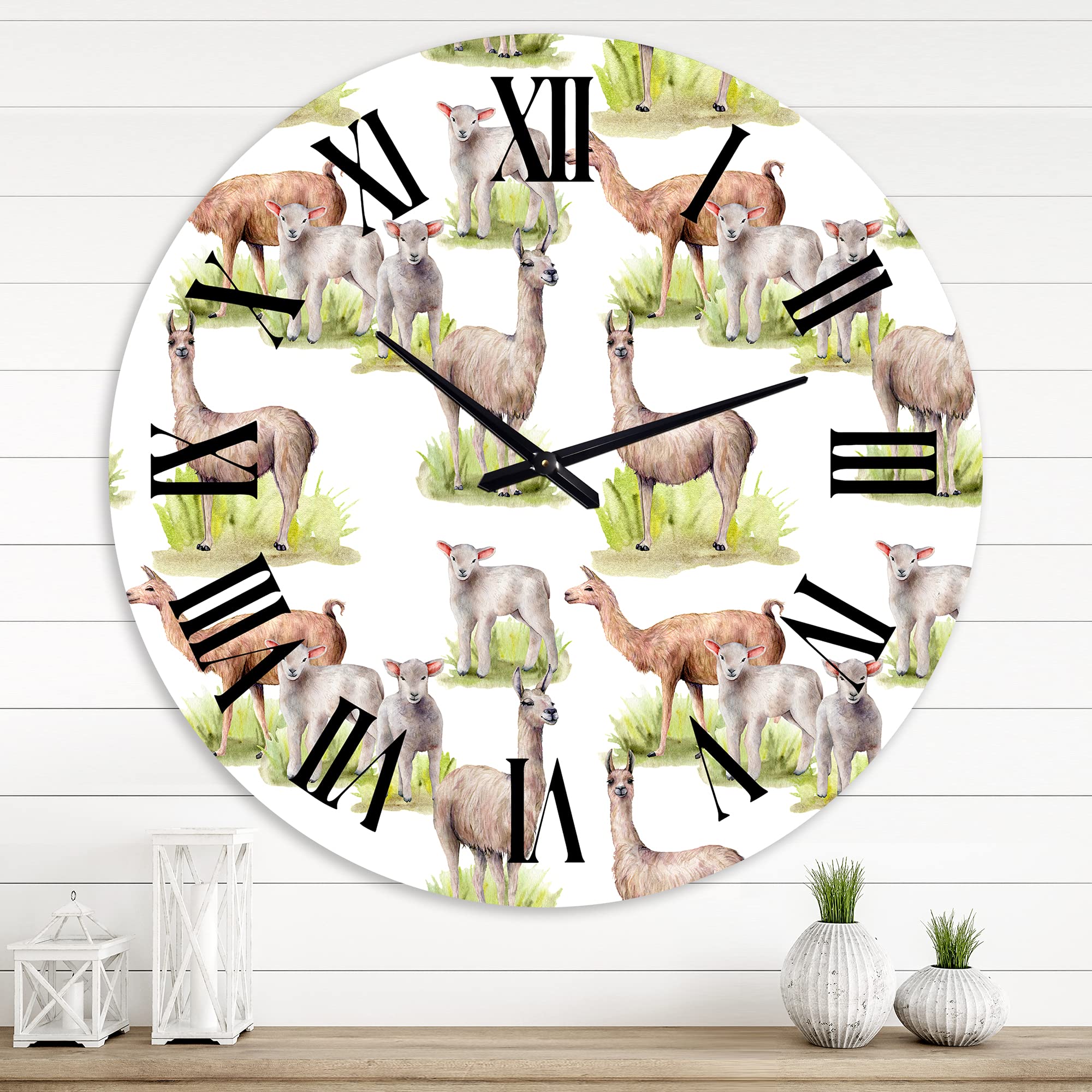Farmhouse Wall Clock - 'Lamas and Lambs On A Green Meadow' Large Rustic Wall Decor for Living Room, Bedroom & Kitchen | Perfect for Home, Office & Cabin Decor
