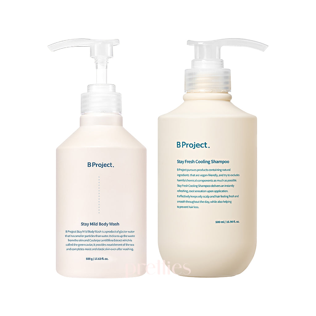 B Project Stay Fresh Cooling Shampoo & Stay Mild Body Wash Set - Refreshing Hair & Skin Care Combo for Men & Women - Perfect for Gym, Travel & Daily Use