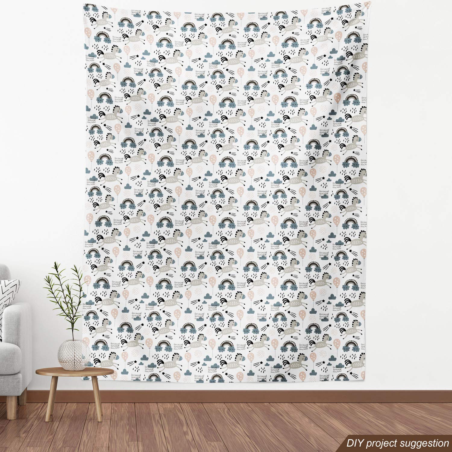 Ambesonne Cartoon Horse Fabric by The Yard - Balloons, Rainbow Clouds & Raindrops Design - 3 Yards Slate Blue Dust - Upholstery & Home Decor Fabric for DIY Projects, Curtains, Pillows & Crafting