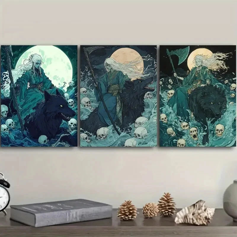 3-Piece Gothic Fantasy Wolf Wall Art Set - Moonlit Wolves Canvas Prints 40x60cm Framed - High Quality Australian Made Ready to Hang Wall Decor for Living Room, Bedroom & Office