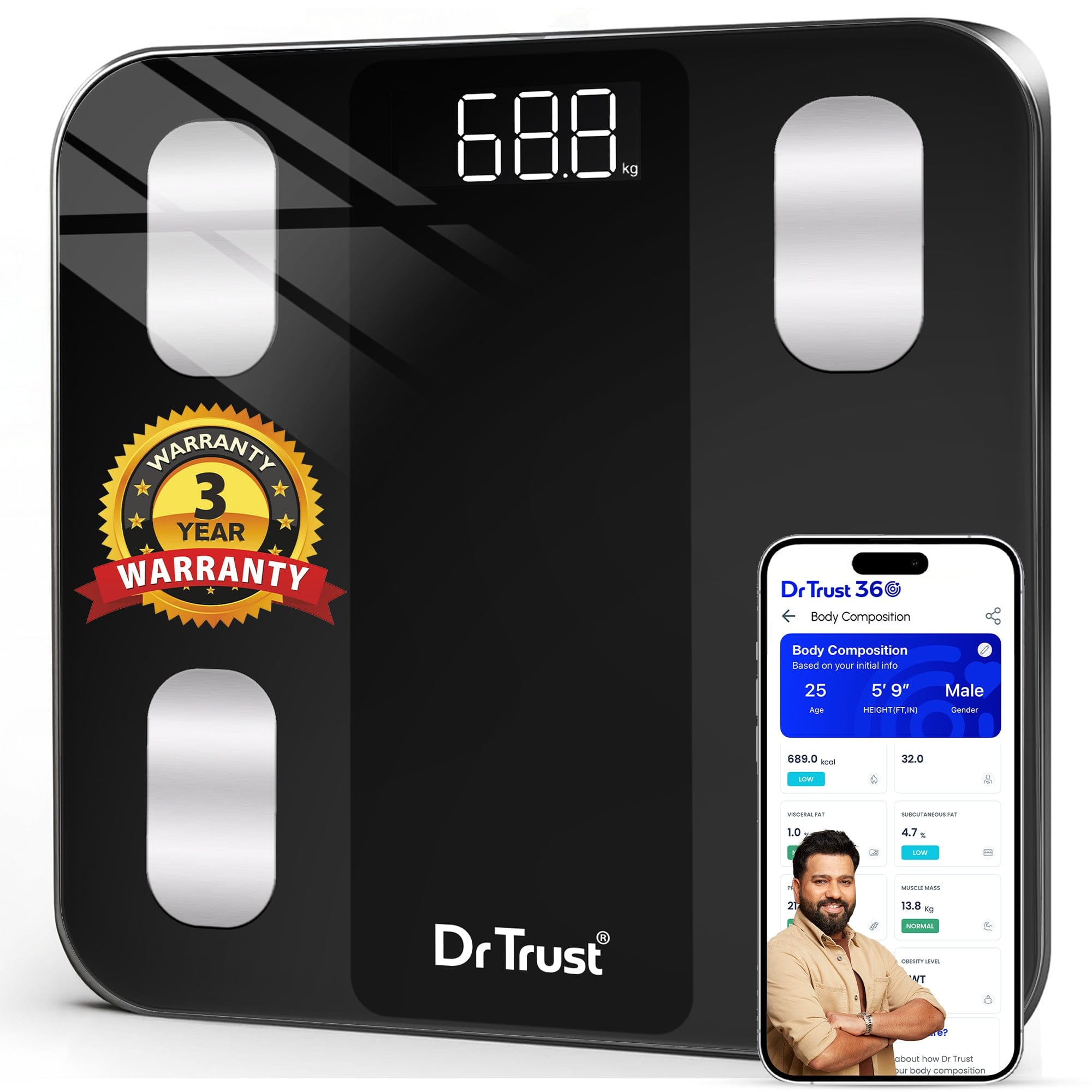 Dr Trust USA Legend Smart Body Fat Analyzer & BMI Scale - Digital Weight Machine with 14 Body Composition Metrics, Bluetooth Sync to Dr Trust 360 App for Accurate Health Tracking - Perfect for Home Gym, Fitness Enthusiasts & Weight Loss Programs