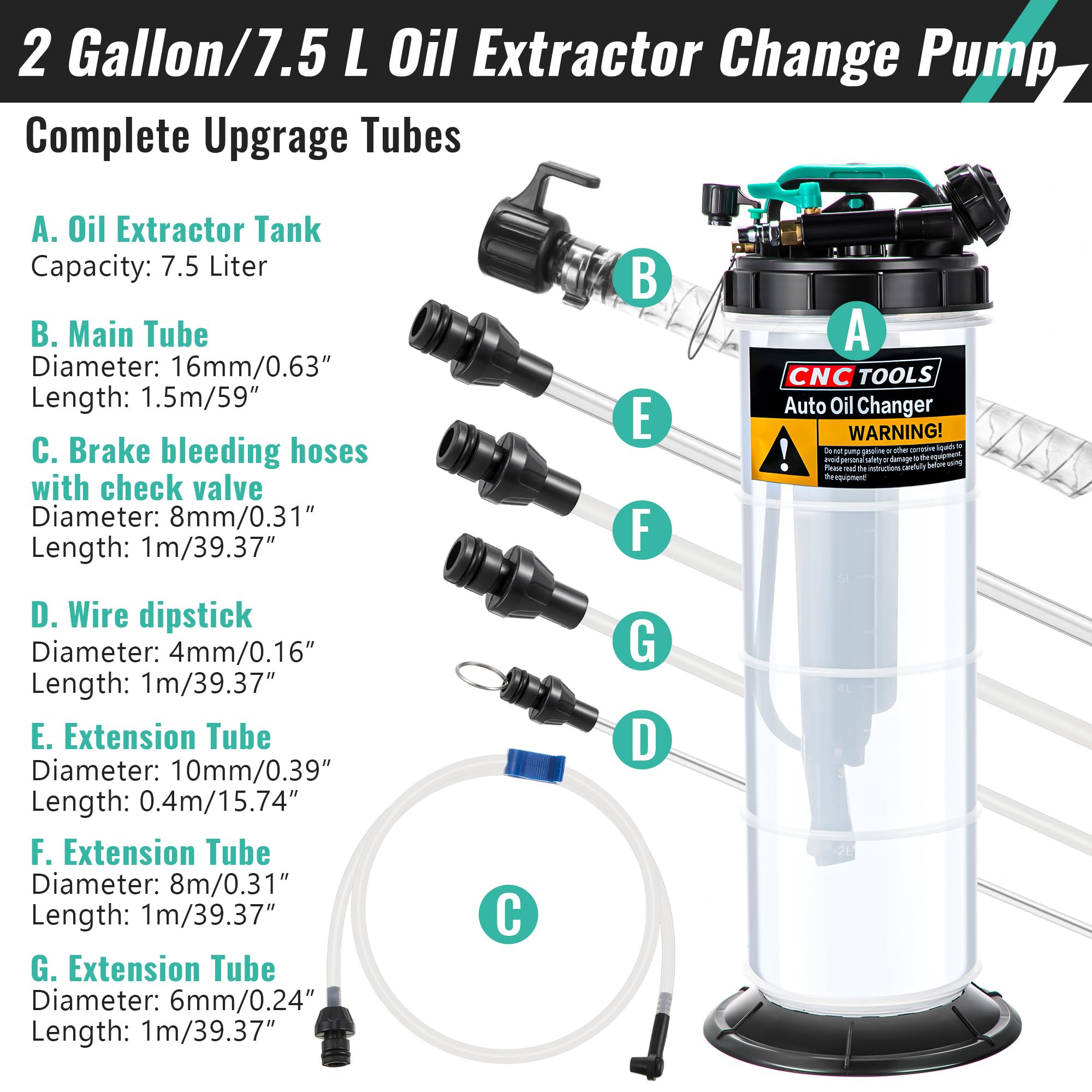 Estune 2 Gallon (7.5L) Manual Pneumatic Oil Fluid Extractor Pump - Automotive Oil Changer & Vacuum Pump with 5 Brake Bleeding Hoses - Perfect for Cars, SUVs, Trucks, Yachts & Marine Applications - Ideal for Oil Changes, Fluid Extraction & Brake Bleeding