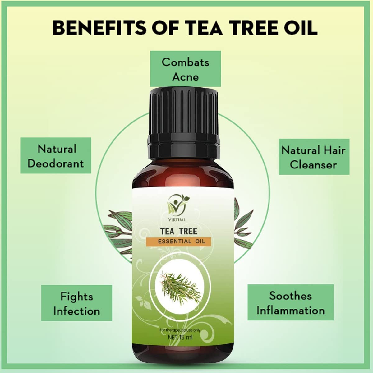 VIRTUAL 100% Pure Tea Tree Essential Oil for Acne Treatment, Pimple & Scar Removal, Skin & Hair Care - 15ml | Natural Anti-Dandruff Solution for Face & Scalp | Perfect for Aromatherapy, DIY Beauty Products & Home Remedies