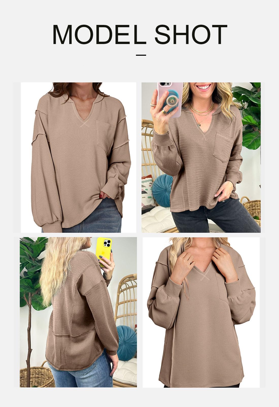 BLENCOT Women's Casual Crew Neck Long Sleeve Sweatshirt - 2024 Fashion Waffle Knit Pullover Top with Pocket | Comfortable Loungewear & Everyday Wear for Fall & Winter